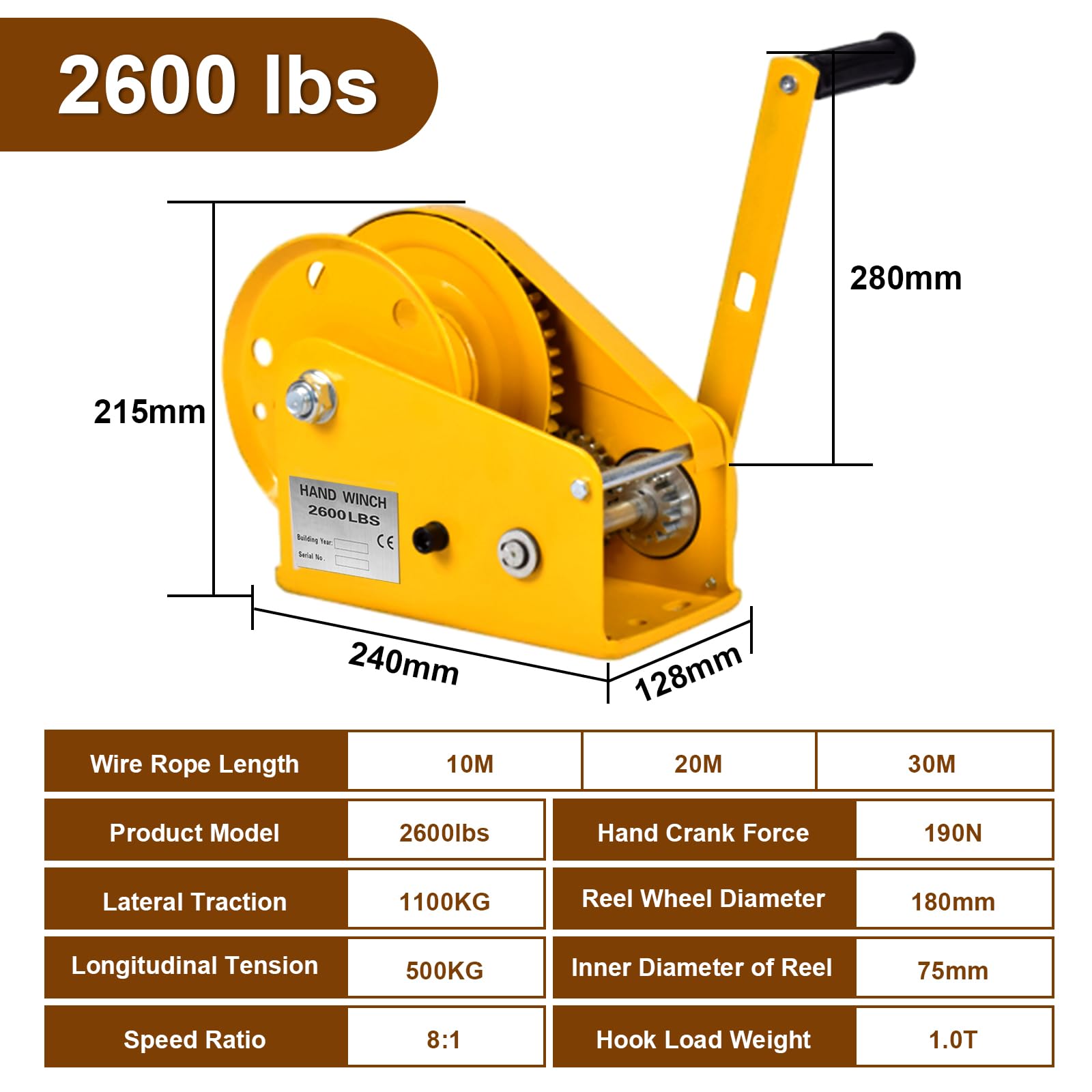 Manuelle Handseilwinde 544.3 kg/1179.3 kg für Traktion und Heben, mit Drahtseil und Haken aus legiertem Stahl, kraftsparendes Lager, ideal für Boot- und Anhängeranwendungen