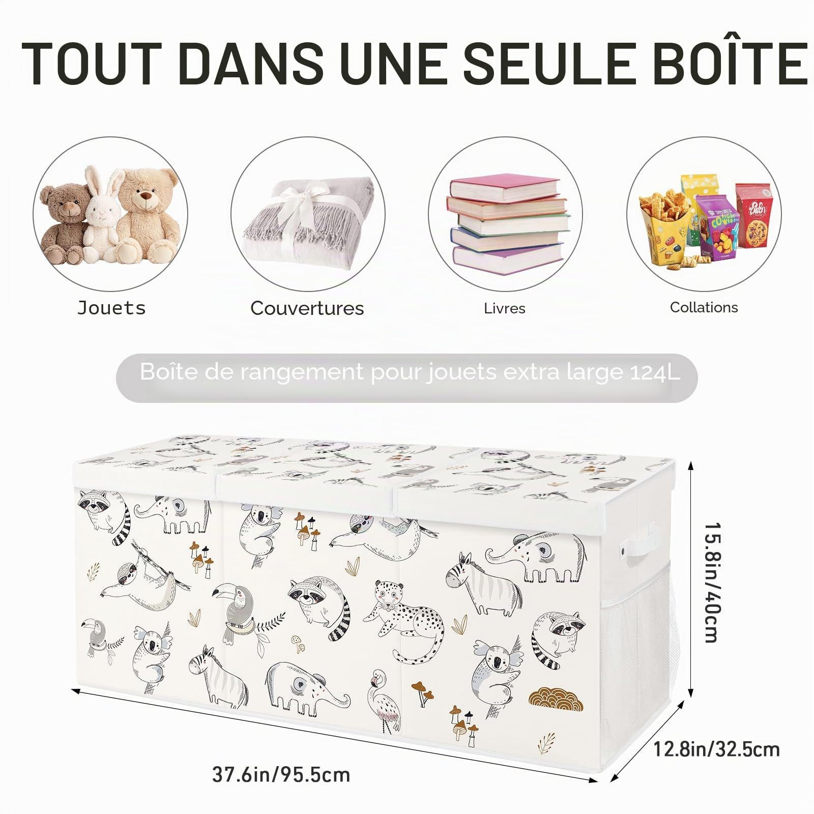 Coffre a Jouet Pliable avec Couvercle, 96 x 32 x 40 cm Rangement Jouet Enfant avec Poignées pour Jouets, Vêtements, Livres, Armoire - Animaux Dessinés au Trait