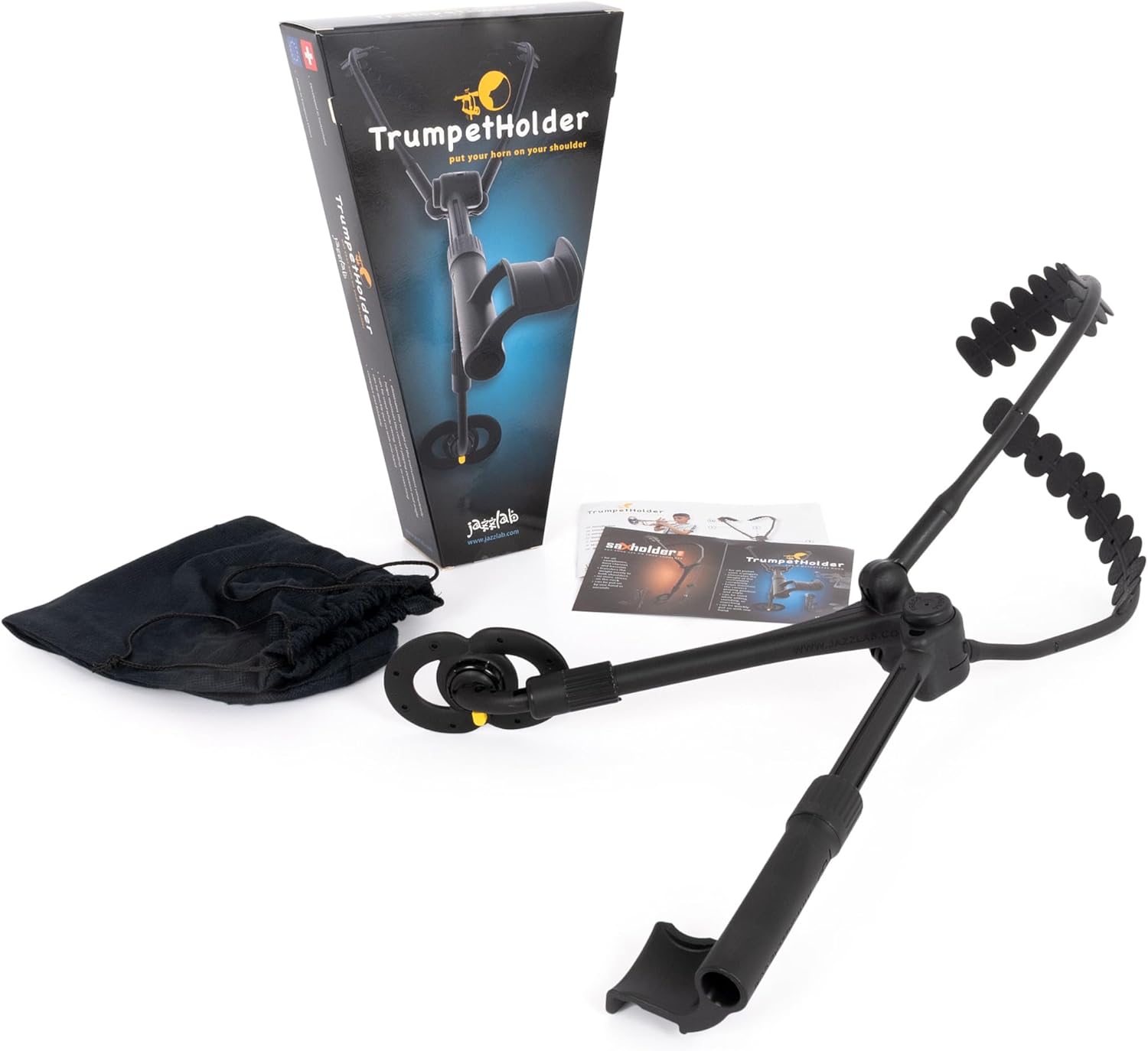 JazzLab Trumpet Holder Medium Size - Black, Plastic & Aluminium - B Flat Trumpet Support - Compact & Foldable - Comfortable for Sitting, Standing or Marching