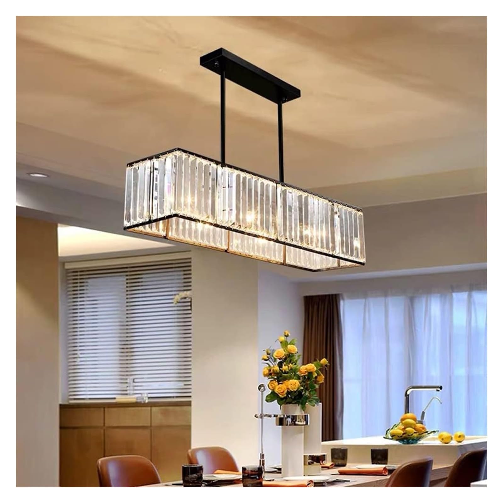Matowy czarny kryształowy żyrandol - wpuszczana lampa wisząca LED z 4 światłami do kuchni i salonu - elegancki prostokątny design - nowoczesna oprawa oświetleniowa do domu
