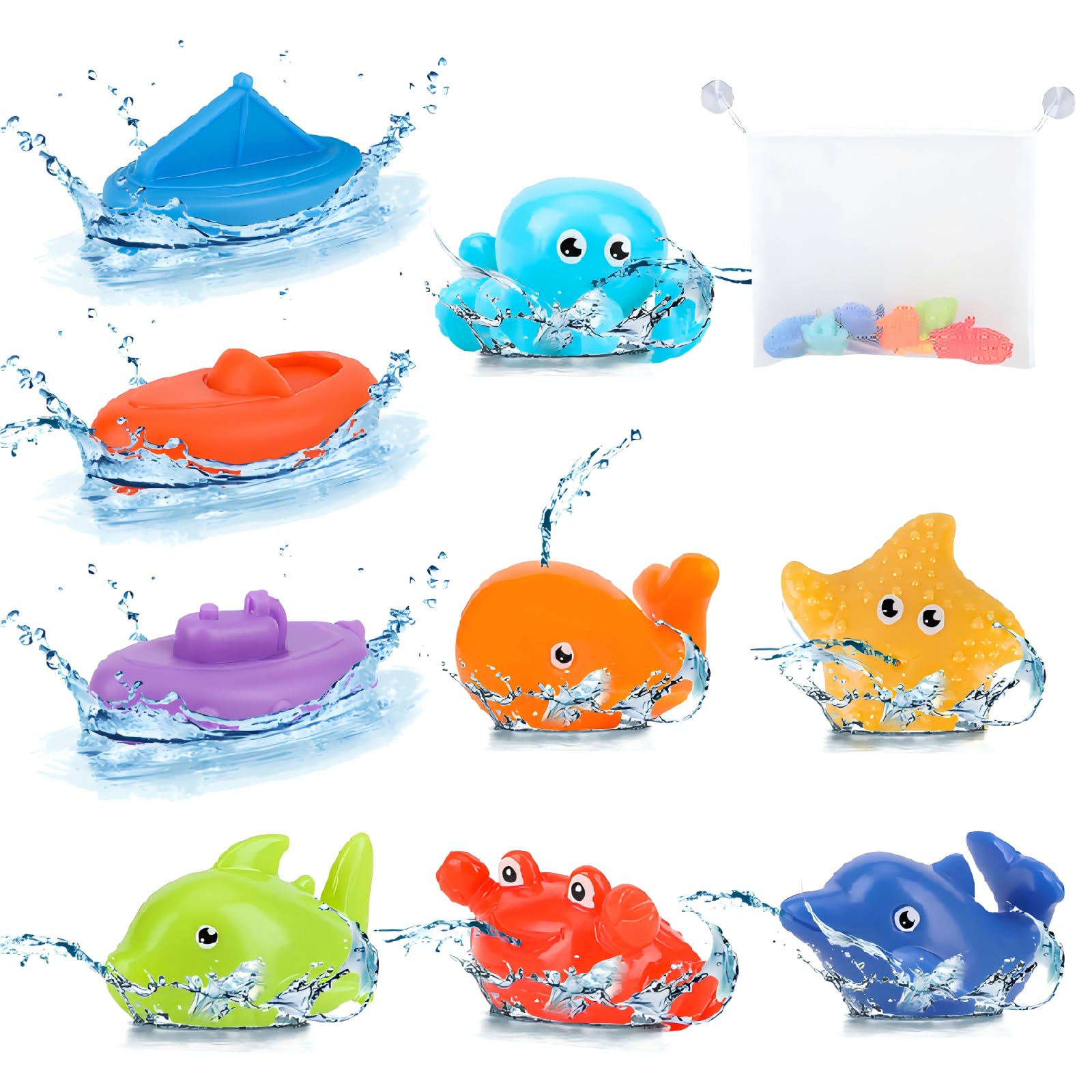 Hanmulee Mold Free Infant Bath Toys for Toddlers Infants Babies, 9PCS No Hole Ocean Sea Animal & Boats Bathtub/Pool Floating Toys for Kids, Squirt Baby Bath Toys Bathtub Water Toys with Storage Net