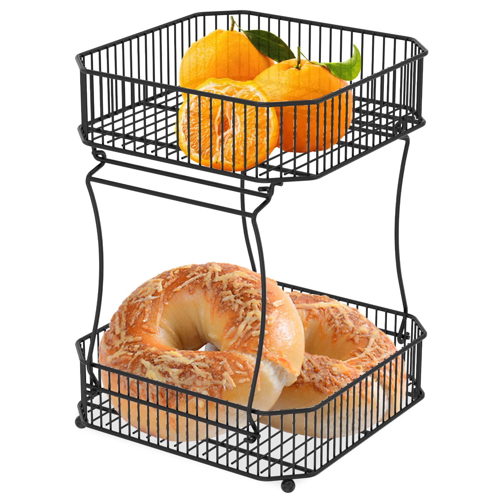 Cbwerbb Black 2 Tier Fruit Basket, Detachable Countertop Vegetable Basket Bowl For Kitchen Counter,Multipurpose Metal Mesh Fruits Storage Stand Holder Organizer For Bread Snack Veggies Produce(Black)