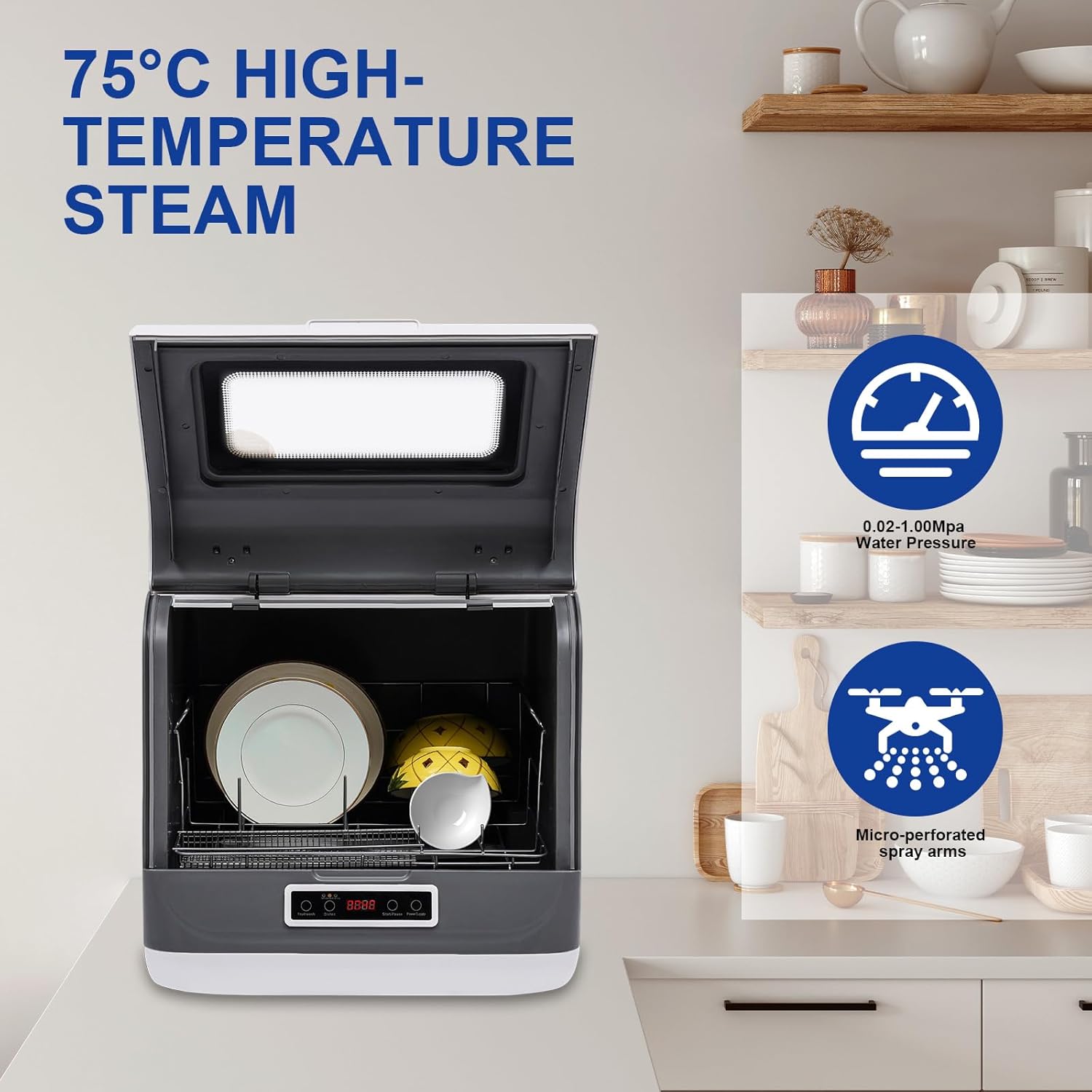 Tabletop Dishwasher, 3-in-1 Portable Dishwasher with Water Pipe and Bowl Basket, 800W 110V Stainless Steel Countertop Dishwasher for Apartments, Dorms, RVs, Kitchens