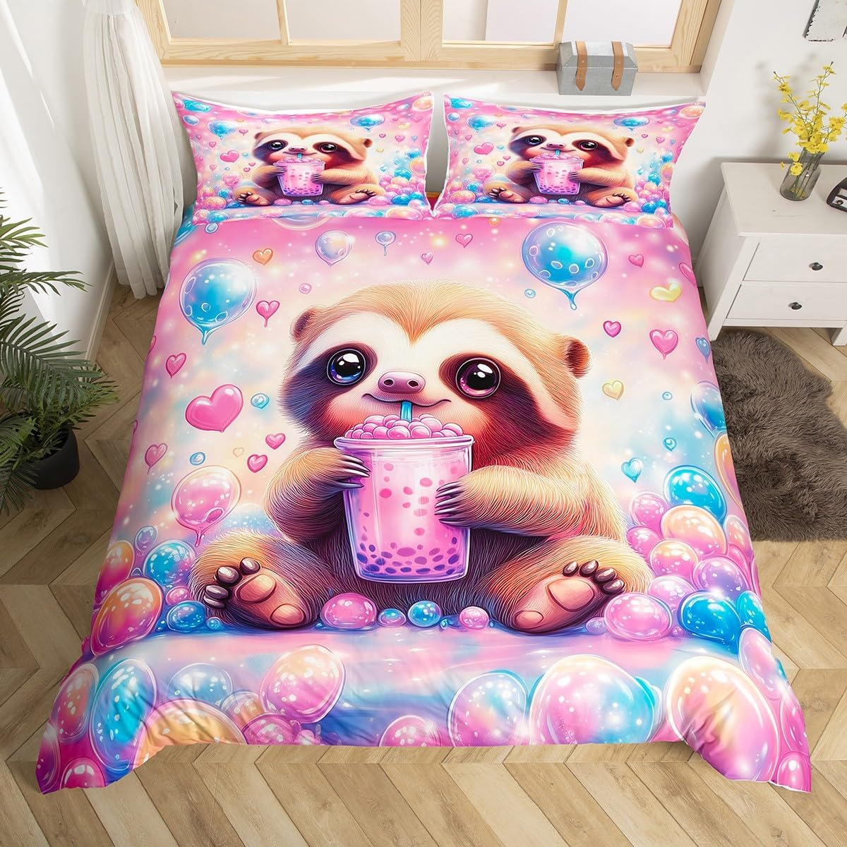 Manfei Sloth Duvet Cover Set Full Size,Colorful Bubbles Animals Comforter Cover 3pcs for Boys Teens Youth Child,Pink Blue Dreamy Girly Bedding Set 2 Pillowcases(No Comforter)