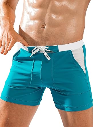MIZOK Mens Color Block Sport Swimwear Swimsuit Quick Dry Swimming Boxer Trunks with Pockets