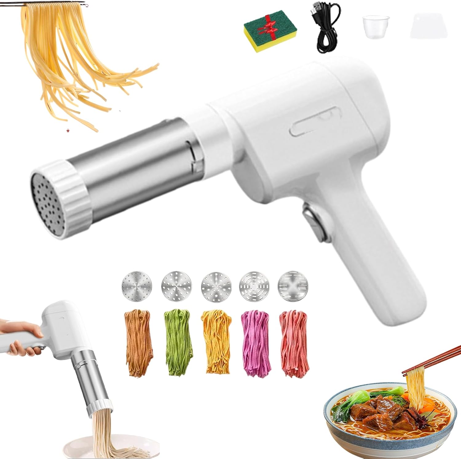 Electric String Hopper Machine, Idiyappam Maker, 5-in-1 Cordless Pasta Maker, Multi-function Automatic Household Noodle Pressing Machine, Handheld Noodle Maker for Spaghetti and Linguine (B)