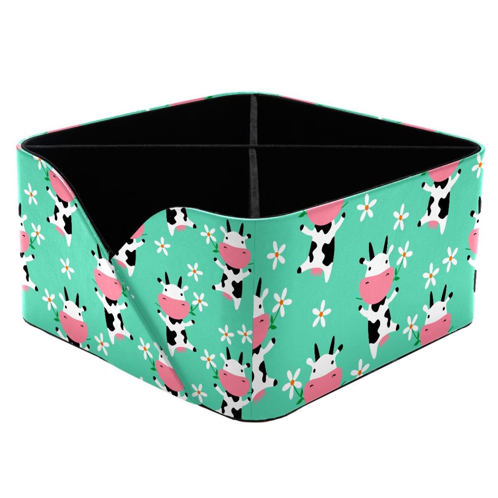 KengjuTesu Cute Cow Eating Grass Flowers Pattern Desktop Organizer Pen Holder, Rectangular Pencil Cup for Office, Study and Makeup Stations