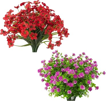 Artificial Flowers Outdoor,UV Resistant Outdoor Fake Flowers,Outside Plastic Faux Flowers Greenery Shrubs Plants for Indoor Outdoor Planter Home Porch DecorRed+Orchid