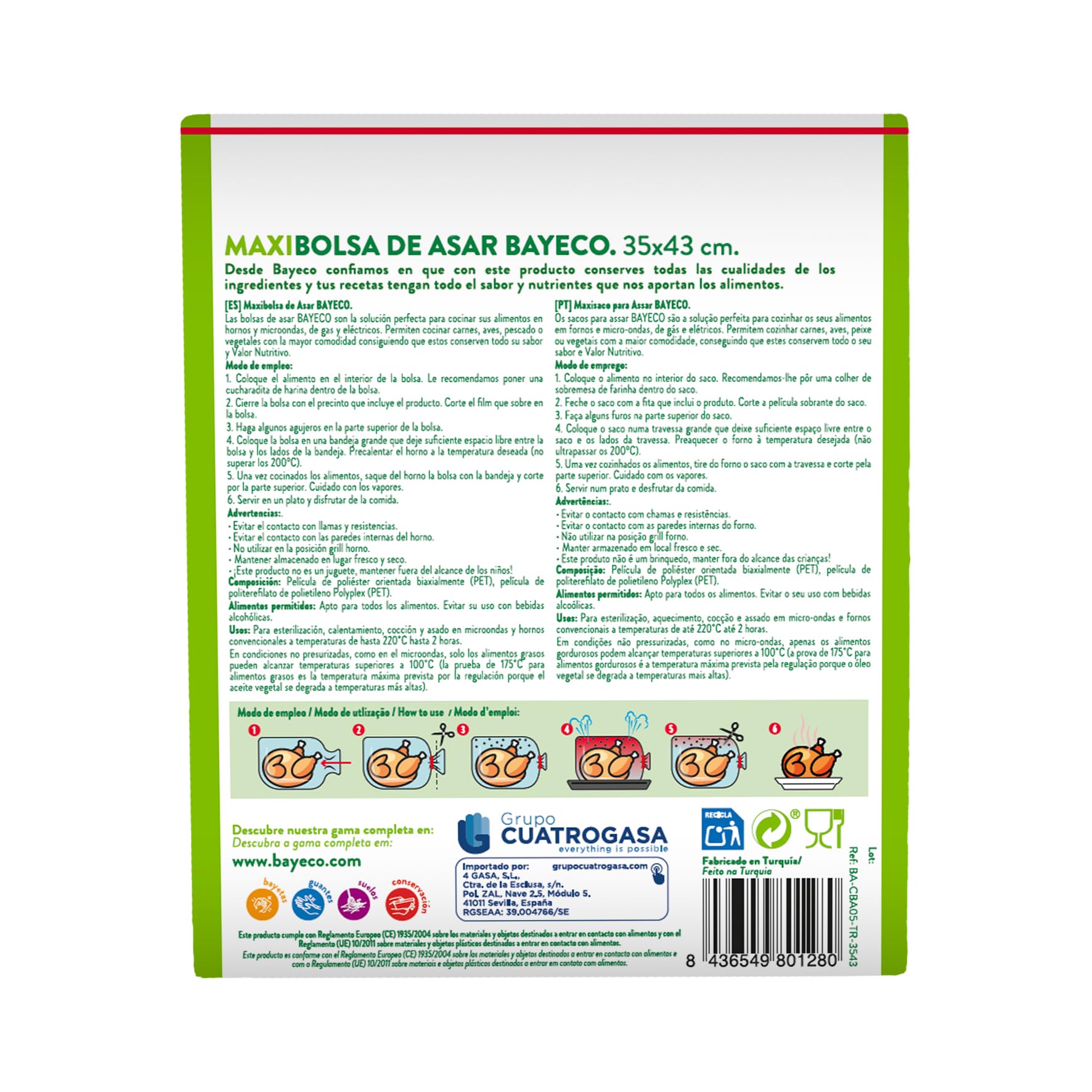 Bayeco - Maxibolsa de Asar - Sistema de cierre fácil y rápido - Compatible con Horno, Microondas y Congelador - Color transparente - Tamaño 35 x 43 cm - Pack 5 unidades