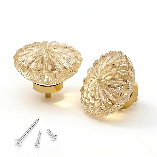 2PCS Cabinet Knobs, 1-3/8" Champagne Gold Crystal Floral Drawer Pull Handle | Vintage cabinet knobs universal size, sturdy anti-rust hardware for kitchen, bathroom, dresser and closet barn doors