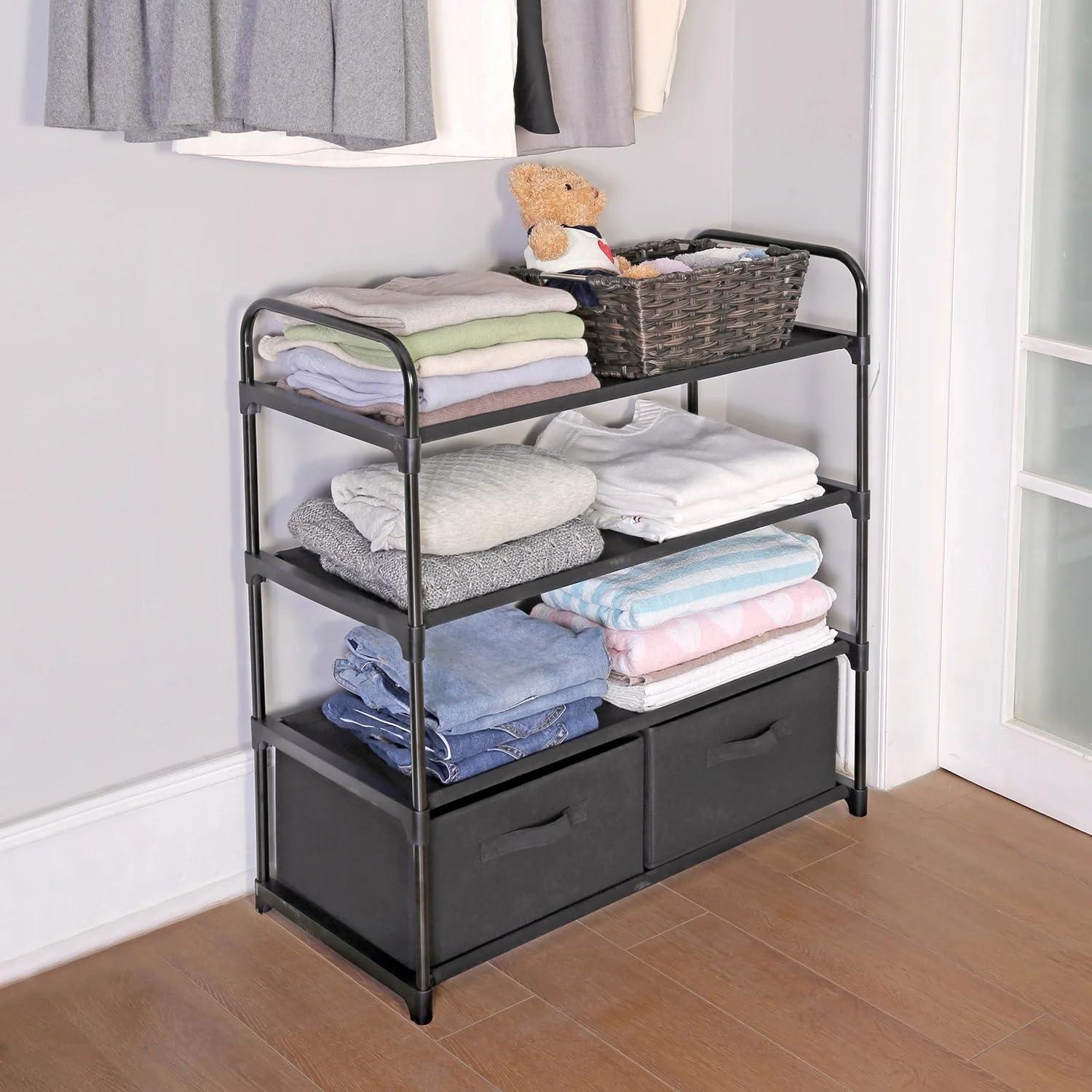 4-Tier Closet Organizer with 2 Fabric Bins - Black Metal Frame Shelving Unit for Shoes and Clothes - Compact Dorm Room Storage Rack - 31.25" W x 13.5" D x 31.5" H - Tool-Free Assembly