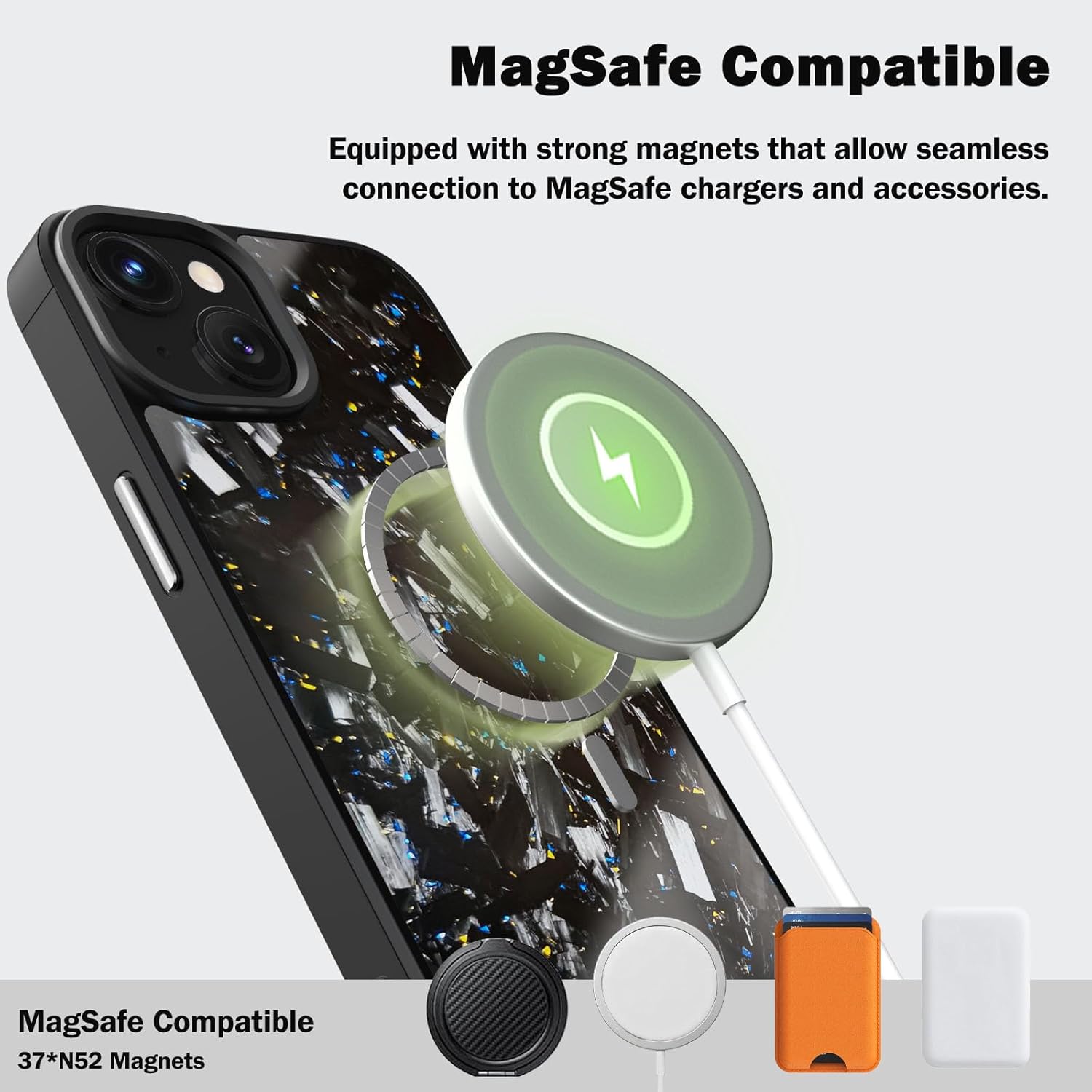 Genuine Forged Carbon Fiber Case for iPhone 14/13, Built-in Magnets, Compatible with MagSafe, Military Grade Drop Protection, Shockproof Phone Cover - Glossy Gold/Blue
