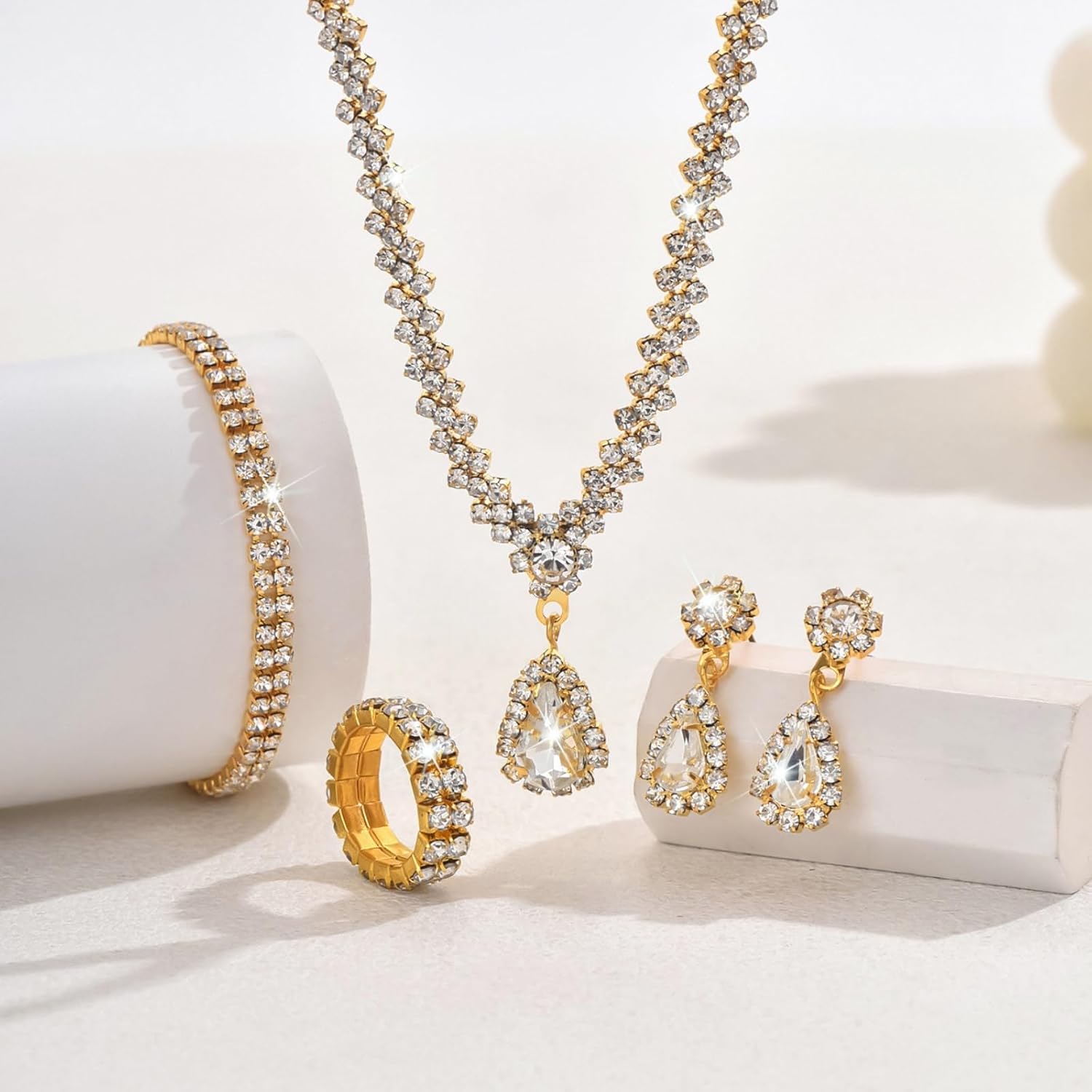 Rhinestone Water Drop Set for Women Bridal Wedding Vintage Colourful Crystal Zircon Statement Necklace Ring Earrings Bracelet Set Party Dress Ball Fashion Jewellery - Image 3