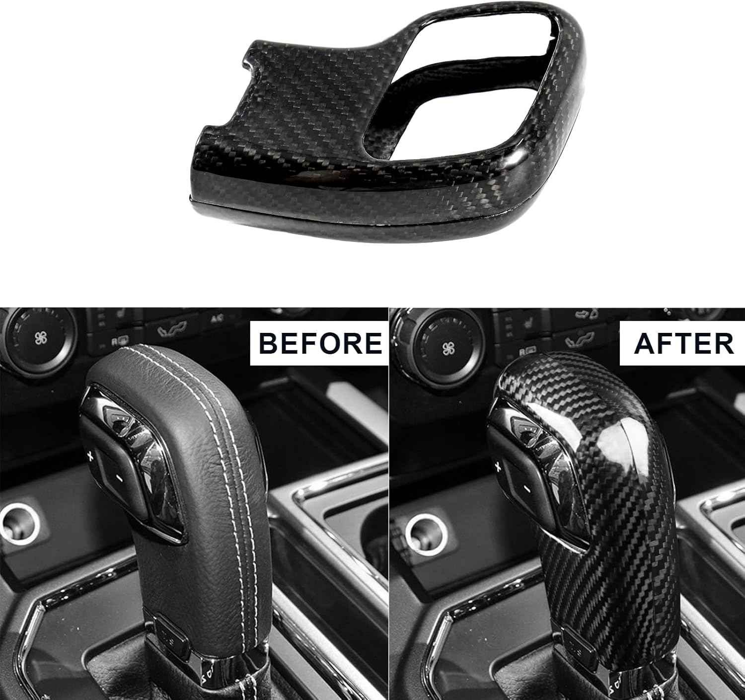 Real Carbon Fiber Gear Shift Knob Cover Compatible with 13th Gen Ford F150 2015–2020, Interior Trim Accessories for XL XLT Lariat King Ranch Platinum Limited Raptor
