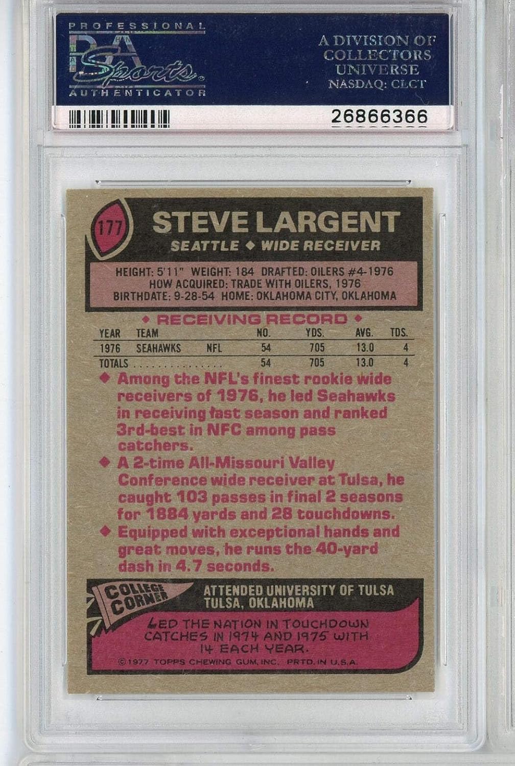 Graded 1977 Topps Steve Largent #177 Rookie RC Football Card PSA 9 OC Mint