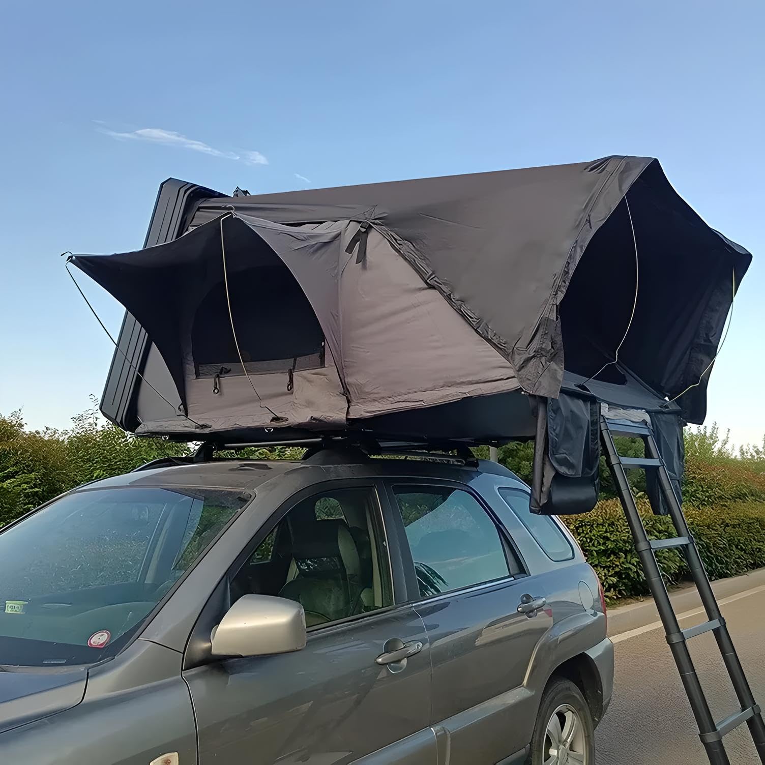 Tienda de campaña para techo de coche, aluminio, 2 tamaños, 5 personas, color gris y negro, LED, opt. toldo o toldo (gris/negro, 190 x 210 x 110 cm, solo tienda de techo)