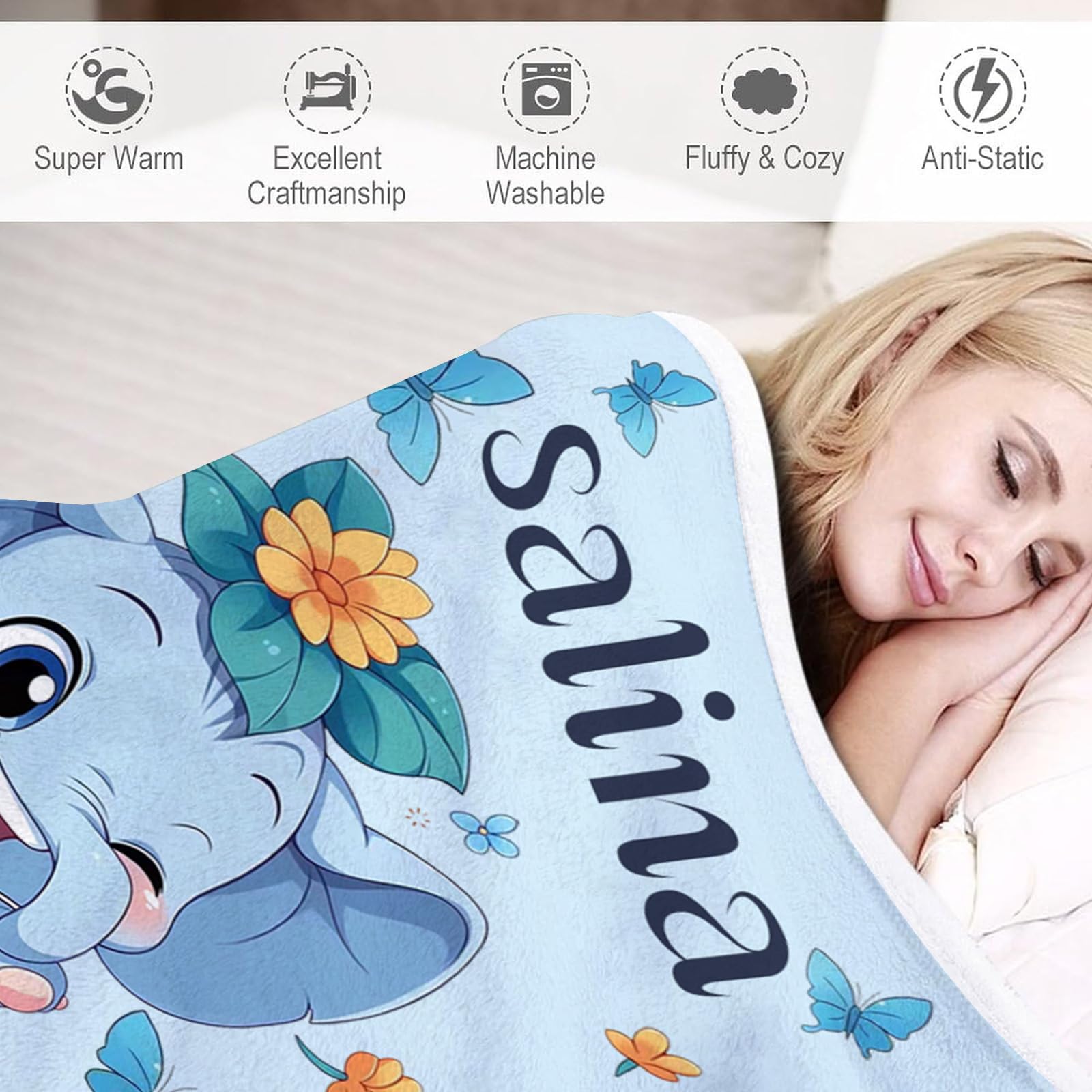 CHEFFS Manta personalizada, Manta para bebé personalizada con nombre, manta personalizada para niños, manta con nombre de elefante, manta de bebé individual, regalos 70 x 100 cm f (1,150 x 200 cm)