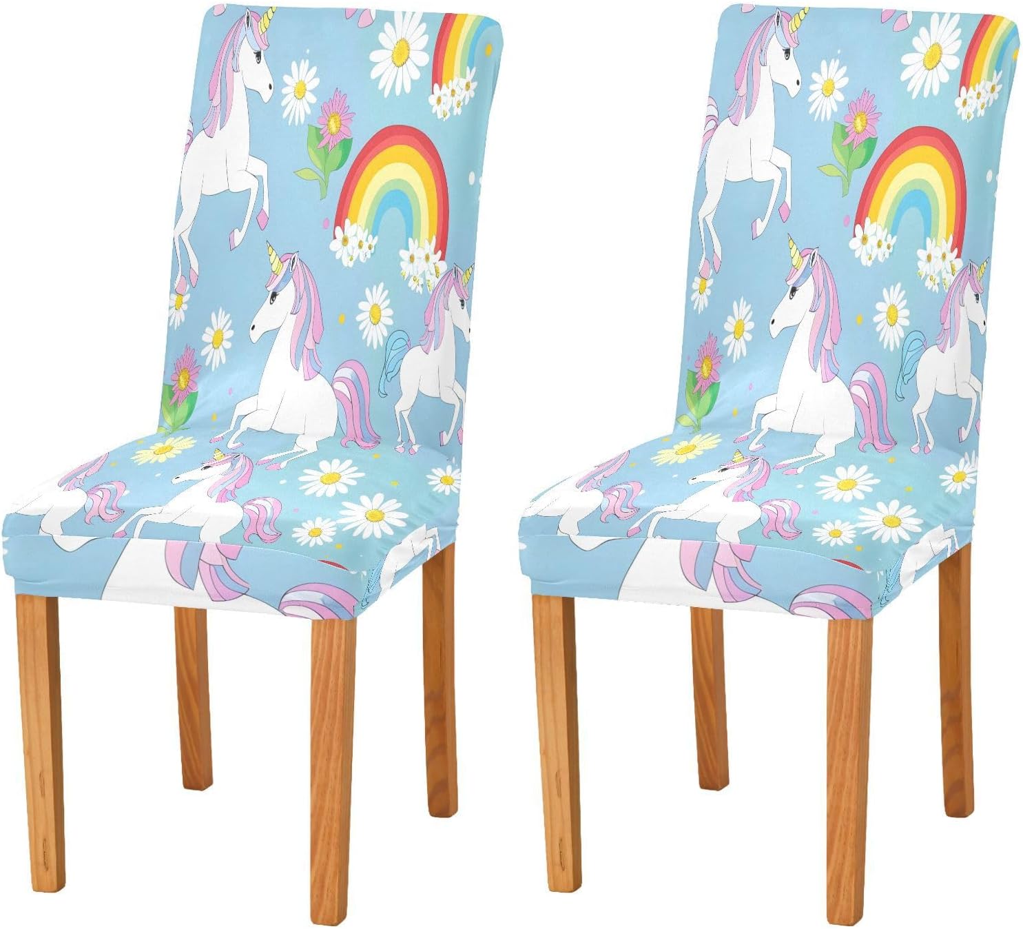 ALAZA Chair Covers for Dining Room, Rainbow White Unicorn Flower Pattern Stretch Chair Cover Sets Chair Protector Removable Washable for Ktichen Restaurant Hotel