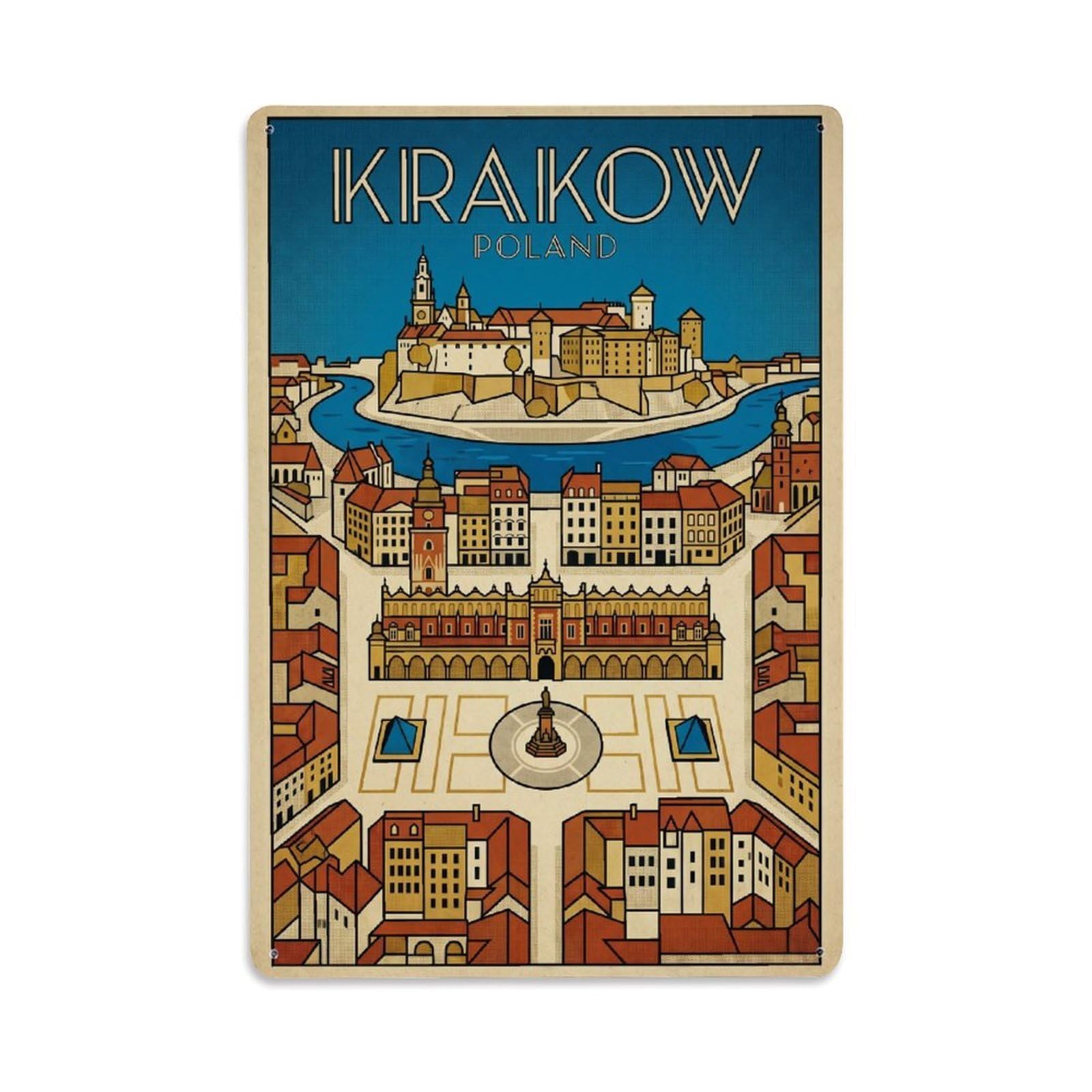 Travel Retro Poland Krakow Metal Tin Sign Plaque Wall Decor for Cafe, Club Bar, Office, Garden Metal Poster 8x12Inch