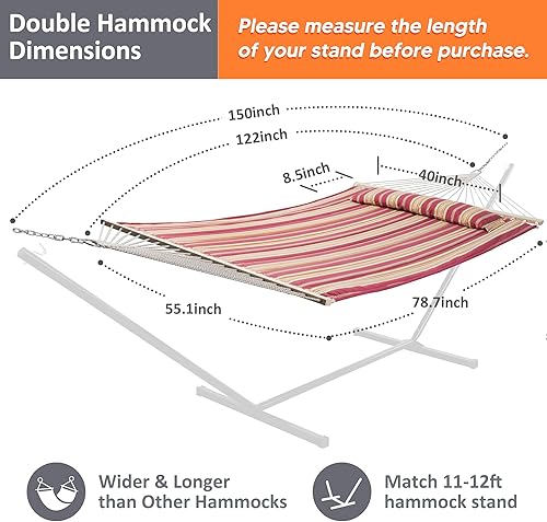 Miniatura 4 de SUNCREAT - Hamaca doble acolchada de tela con barra separadora, almohada desmontable, 55 x 79 pulgadas, hamaca grande, patrón de rayas rojas