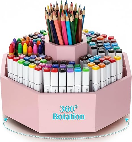 Miniatura 8 de Soporte giratorio de bambú para lápices, organizador de rotuladores, suministros de arte, organizador de bolígrafos pastel giratorio de 360°,
