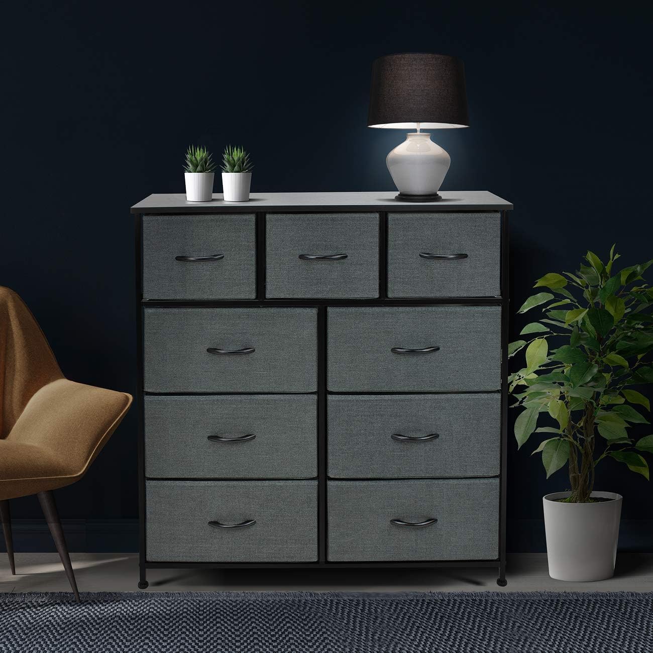 Sorbus Dresser with 9 Drawers - Furniture Storage Chest Tower Unit for Bedroom, Hallway, Closet, Office Organization - Steel Frame, Wood Top, Easy Pull Fabric Bins (9 Drawers, Black): Furniture & Decor