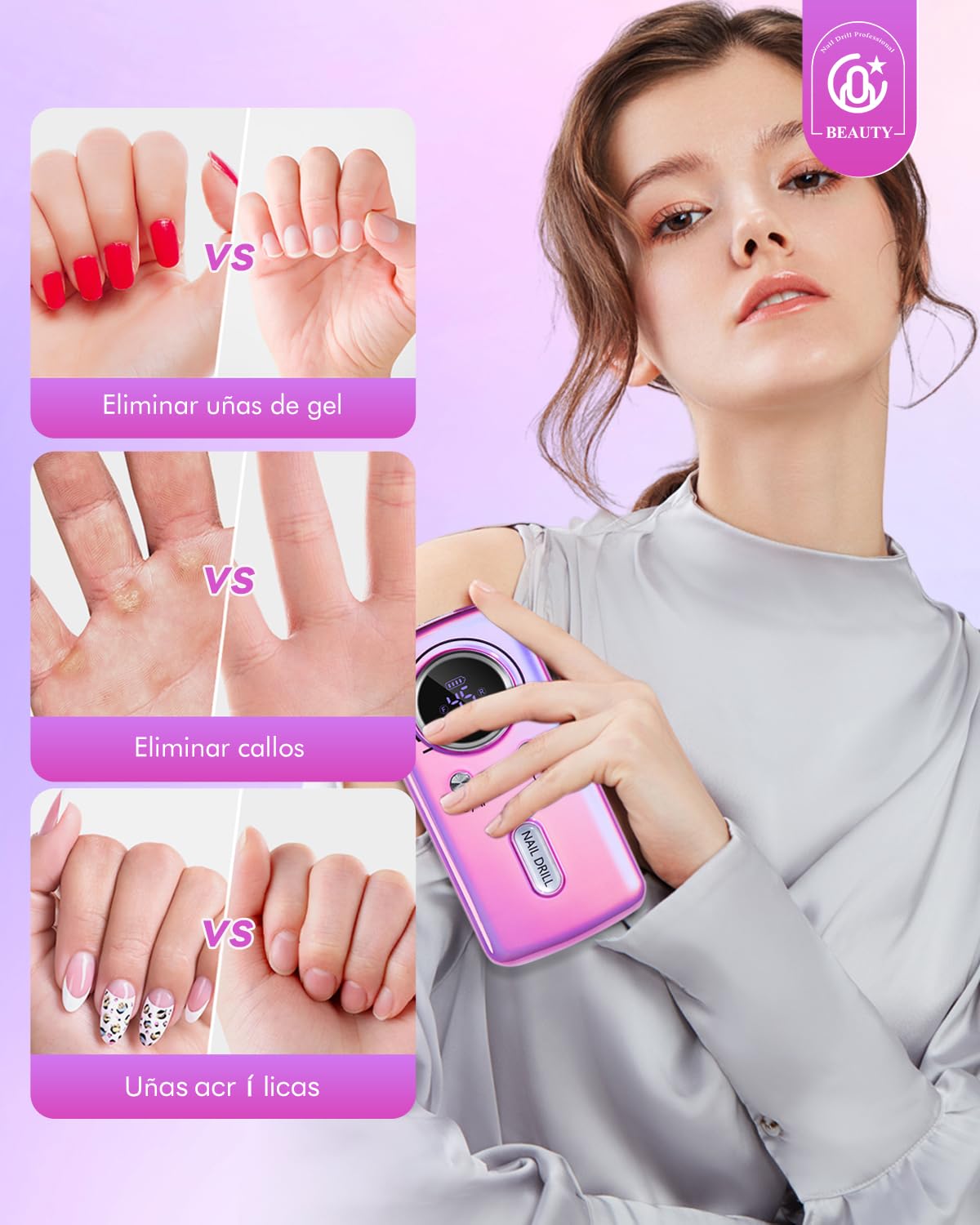 CozyZen Torno de uñas inalámbrico profesional: kit de lima de uñas eléctrica recargable de 45000 RPM, portátil y silencioso para uñas acrílicas, uñas de gel, manicura y pedicura - uso en salón y en