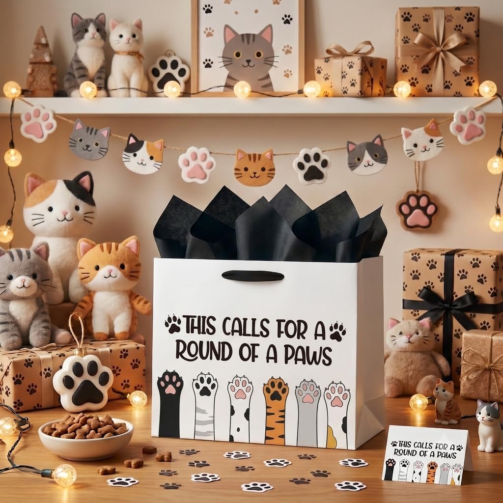 Hkshaoda Funny Gift Bag Cute Paws Pun Gift Bags with Tissue Paper Greeting Card THIS CALLS FOR A ROUND OF A PAWS Congratulation Gift for Him Her Friends Family Cat Paws Proud Of You Bags Favors Set image 3