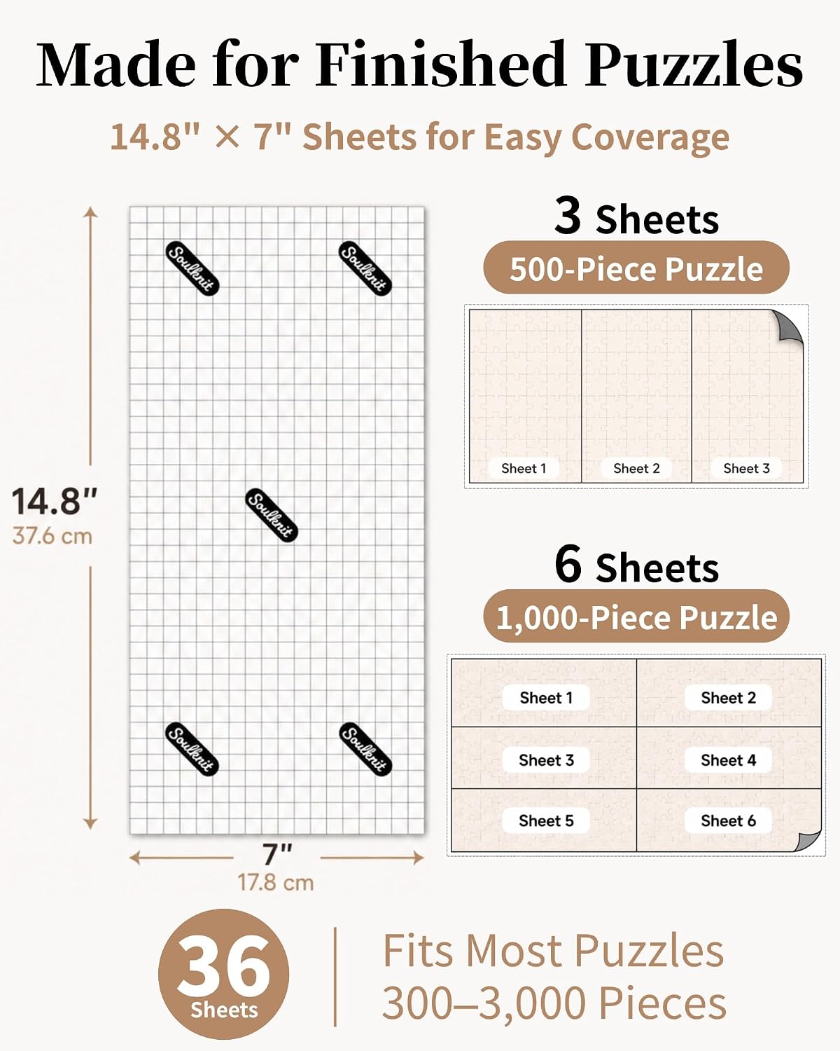 Puzzle Saver Sheets, 36 Self-Adhesive Puzzle Glue Sheets | Peel & stick puzzle tape sheets for 500-3000 piece puzzles, 14.8 x 7 in, 1 cm grid, easy-release backing, 2 scrapers & 6 tabs
