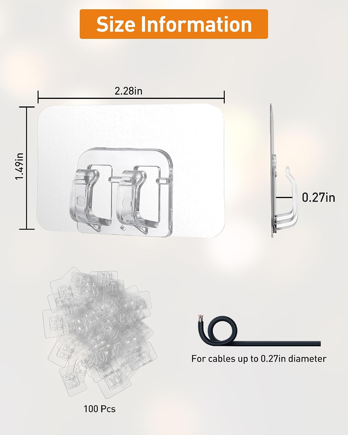 AGPTEK 100Pcs Hooks for Outdoor String Lights Clips, Heavy Duty Light Hook with Adhesive Strips - Outside Clear Cable Clips Cord Holders for Hanging Christmas Lighting - Outdoors Sticky Clip