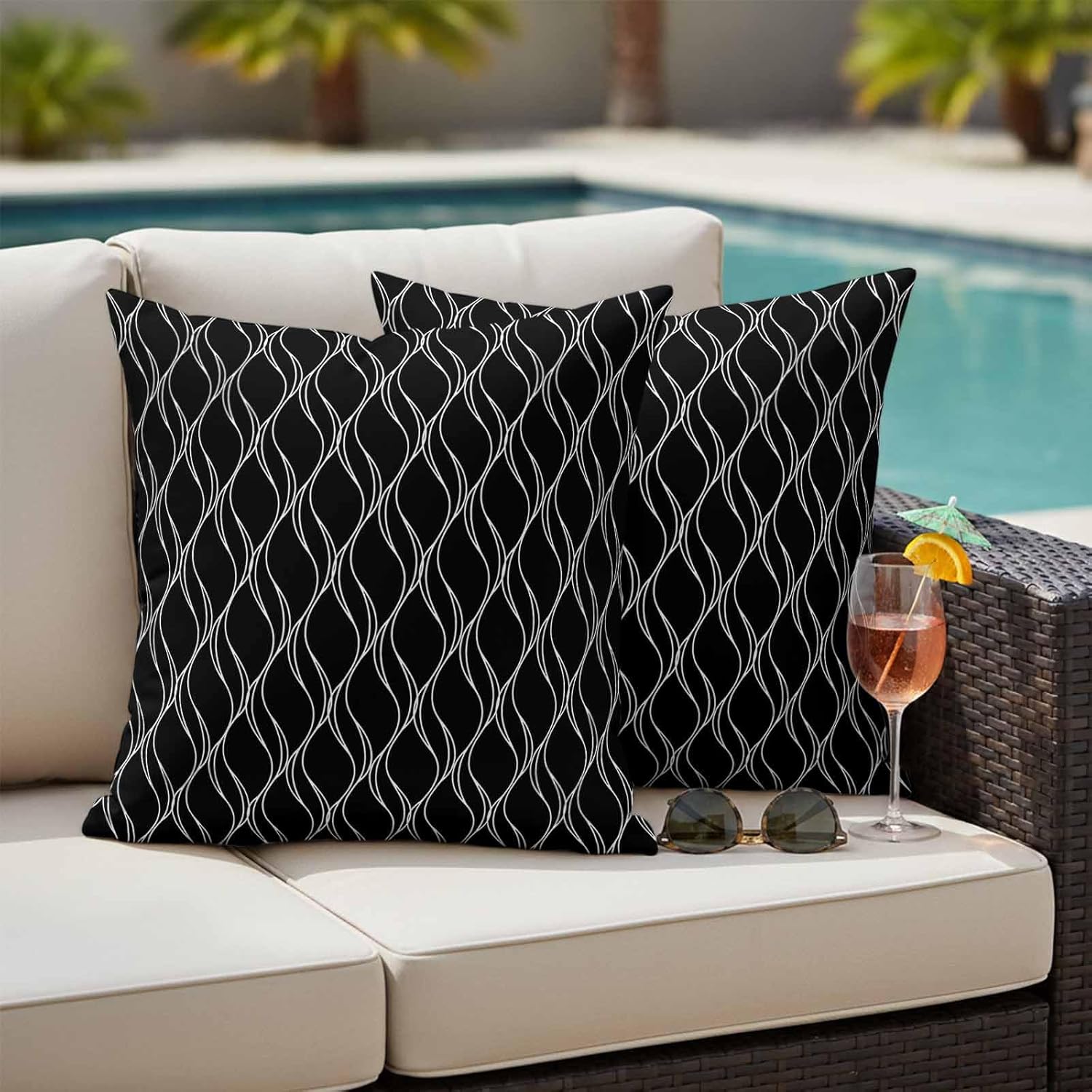 Outdoor Pillow Covers Waterproof, Black Gold Wave Abstract Art Foil Print Pattern All Weather Cushion Case Set of 2, White Thin Line Decorative Pillowcases for Sofa Bed Decor Patio Furniture 26"x26"