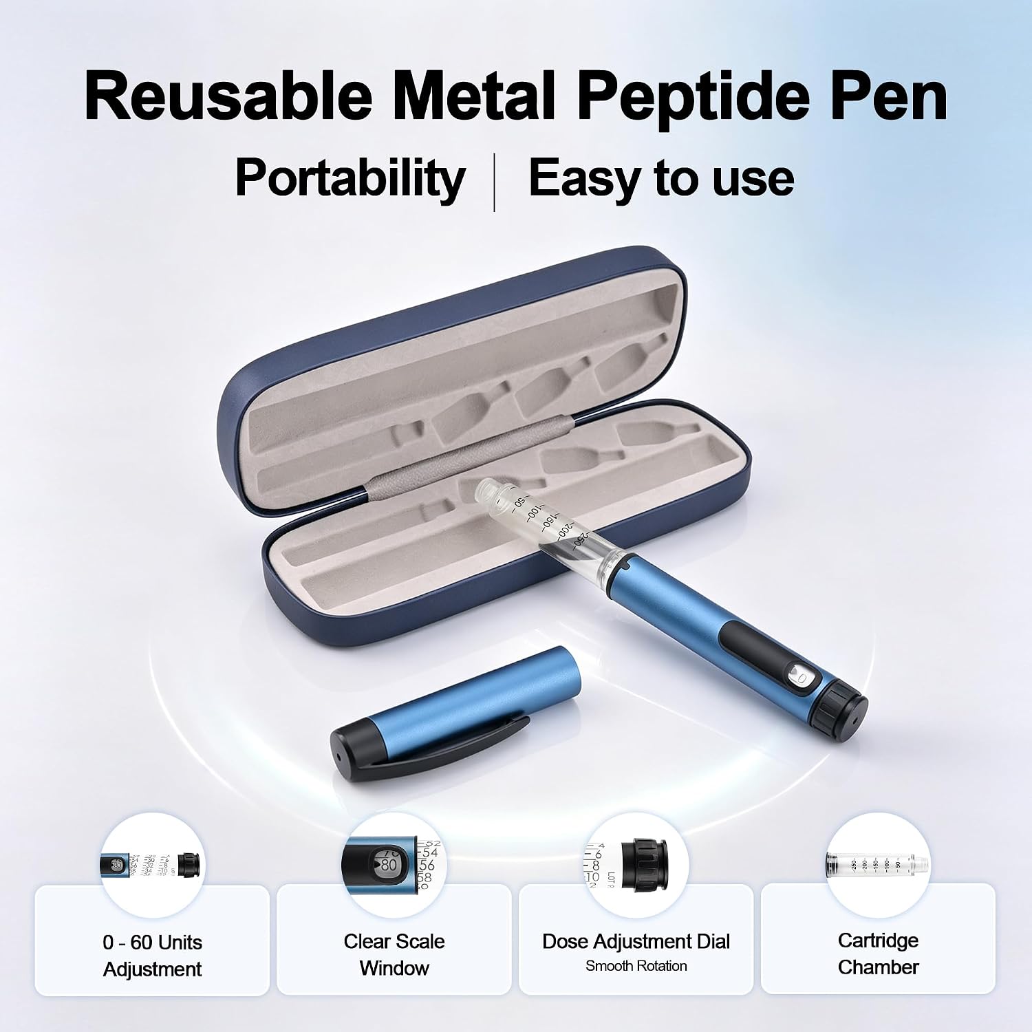 80 Unit Reusable Peptide Pen with Storage Case, Blue Adjustable Injection Pen for 3mL Cartridges, Precision Dose Dial with 1 Unit Increments, Refillable Injector Device