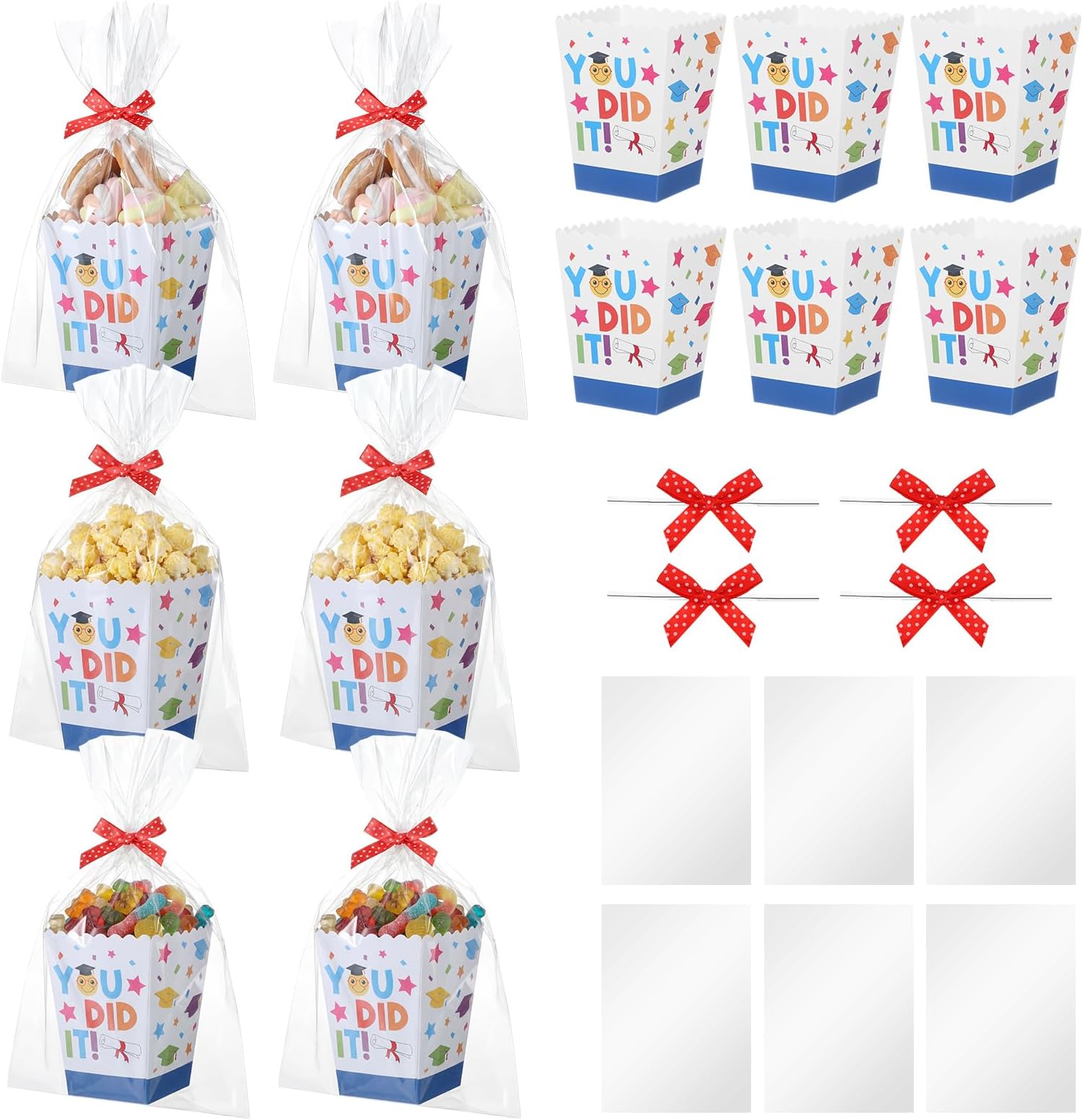Tenceur 24 Set Graduation Popcorn Boxes Preschool Grad Gift Boxes Elementary Kindergarten Popcorn Paper Movie Night Bucket Treat Container with Plastic Bag and Ribbon for Candy Cookie Party Decoration