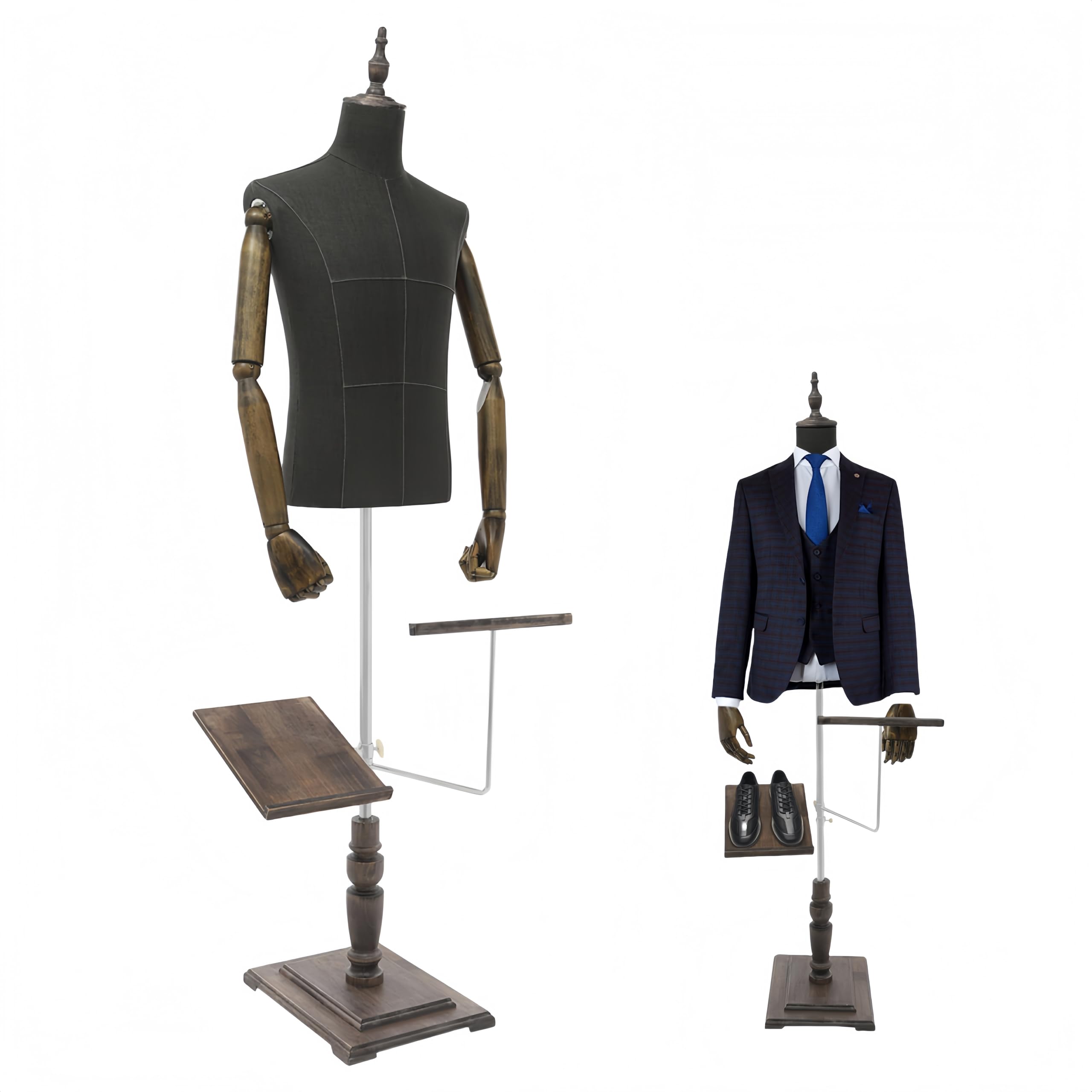 Maniquí masculino de 135 a 180 cm, altura ajustable, forma de vestido masculino, estilo retro, cuerpo de maniquí con brazo de madera maciza, soporte para zapatos, base de madera, torso (gris