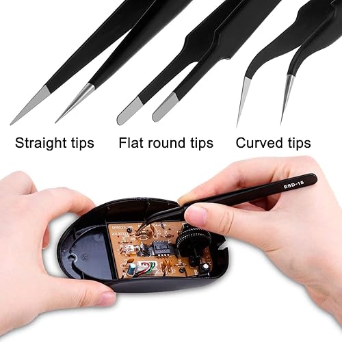 Miniatura 4 de Juego de pinzas de precisión, 6 piezas antiestáticas ESD industriales kit de pinzas industriales negro mate, se adapta para reparación de