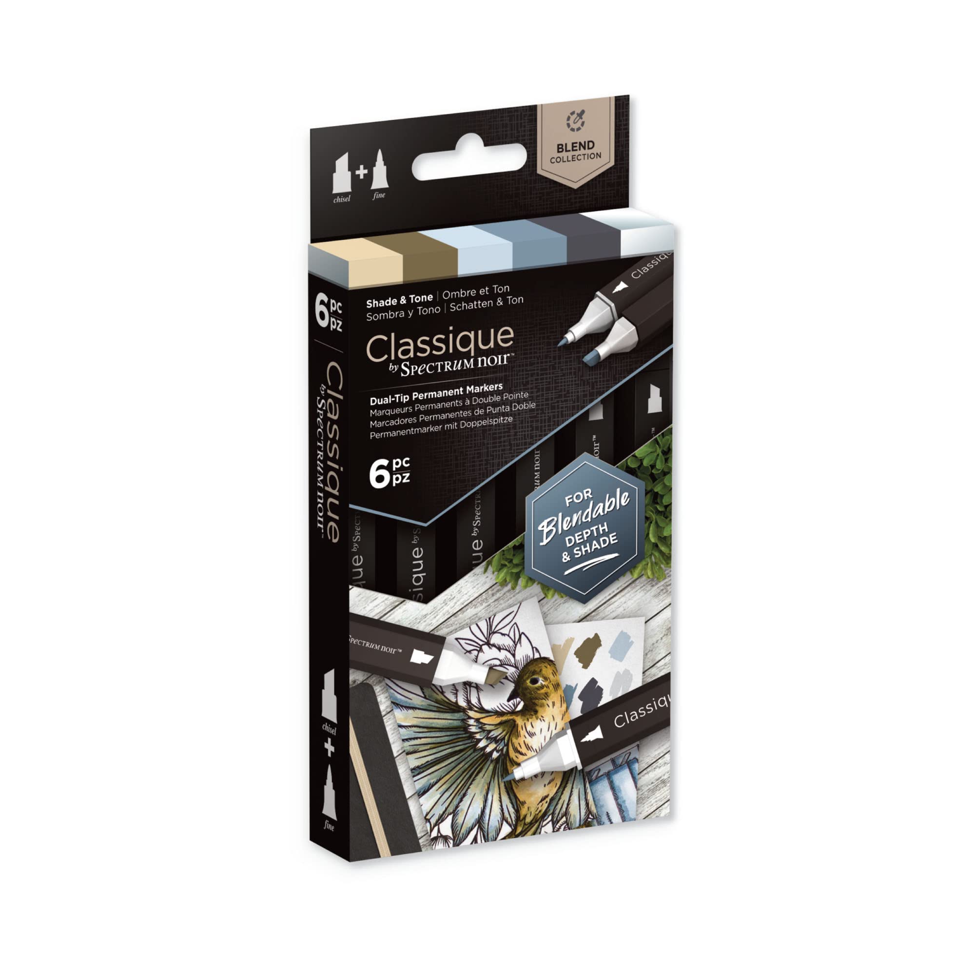 Crafter's Companion Shade & Tone Spectrum Noir Classique Blend Twin Tip Blendable Alcohol Based Marker Set With Japanese Nibs - Pack Of 6 - Perfect For Colouring, Drawing & Illustration ( Pack)