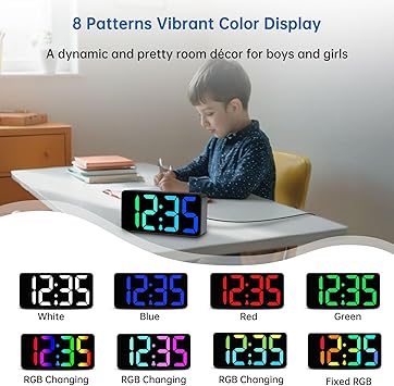 DreamSky Small Digital Alarm Clocks for Bedrooms - RGB Electric Alarm Clock for Kids Bedside Nightstand, Desk Clock with Large Numbers, Dimmer, Adjustable Alarm Volume, USB Port, USB-C Adapter Powered
