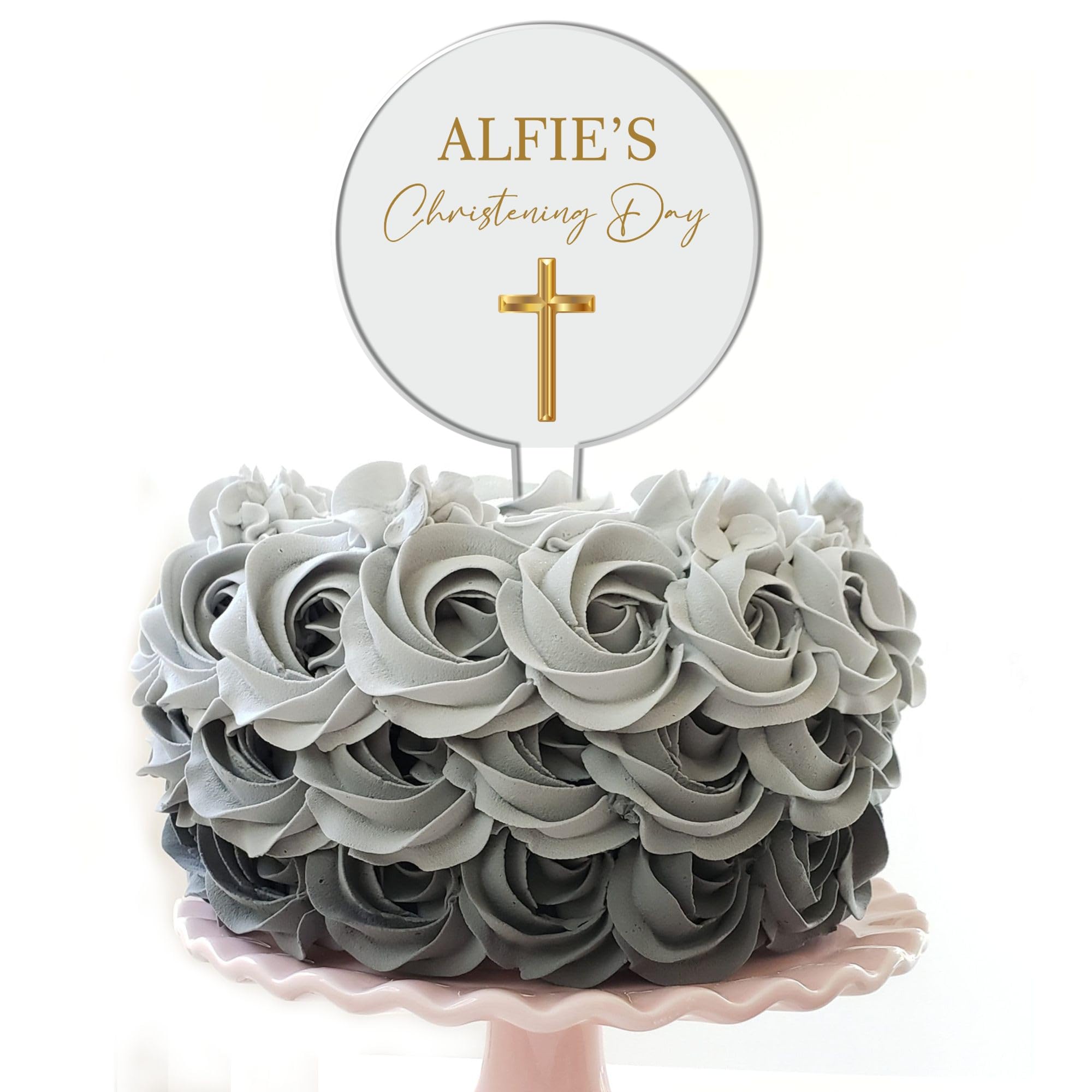 Personalised Acrylic Cake Topper for Christenings Confirmations Holy Communions – Custom Child’s Name in 7 Colours with Gold Cross Design (Christening Day, Grey)