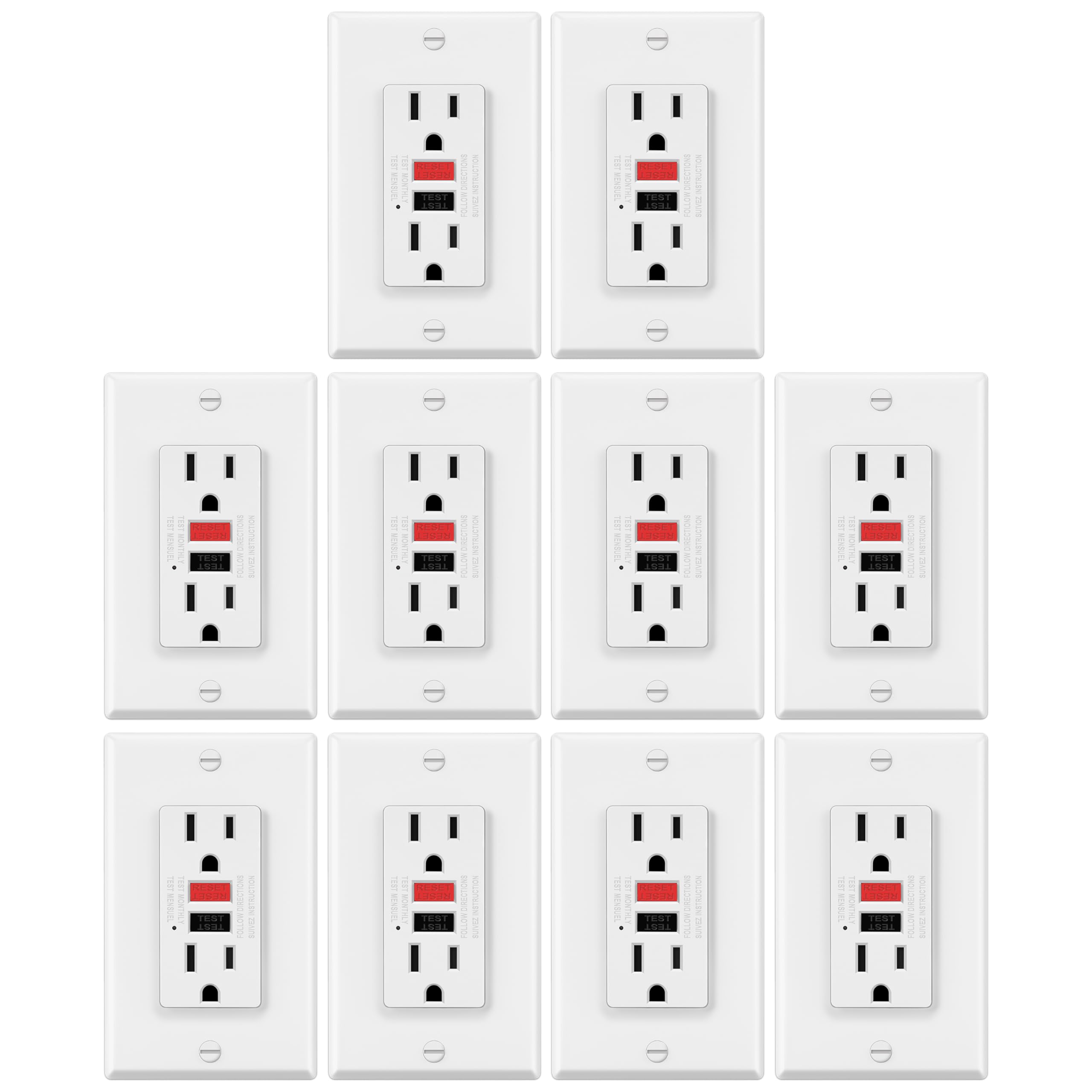 ELECTECK 10 Pack GFCI Outlets 15 Amp, Non-Tamper Resistant, Decor GFI Receptacles with LED Indicator, Ground Fault Circuit Interrupter, Wallplate