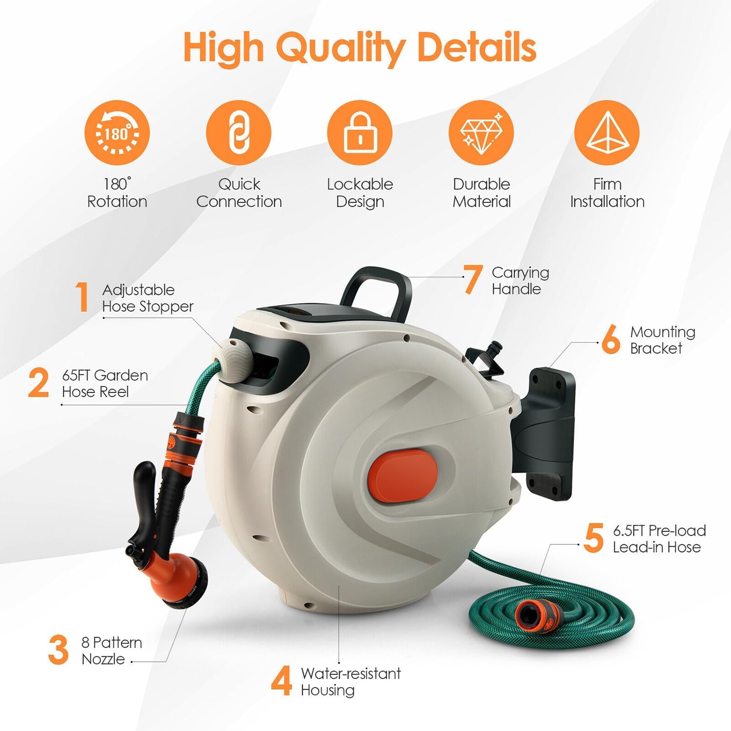 Retractable Hose Reel, Garden Hose Reel, 65FT x 1/2 Inch, 180° Swivel Bracket Wall-Mounted, Garden Water Hose Reel w/8-Pattern Nozzle, Automatic Rewind, Lock at Any Length, Slow Return System (65FT)