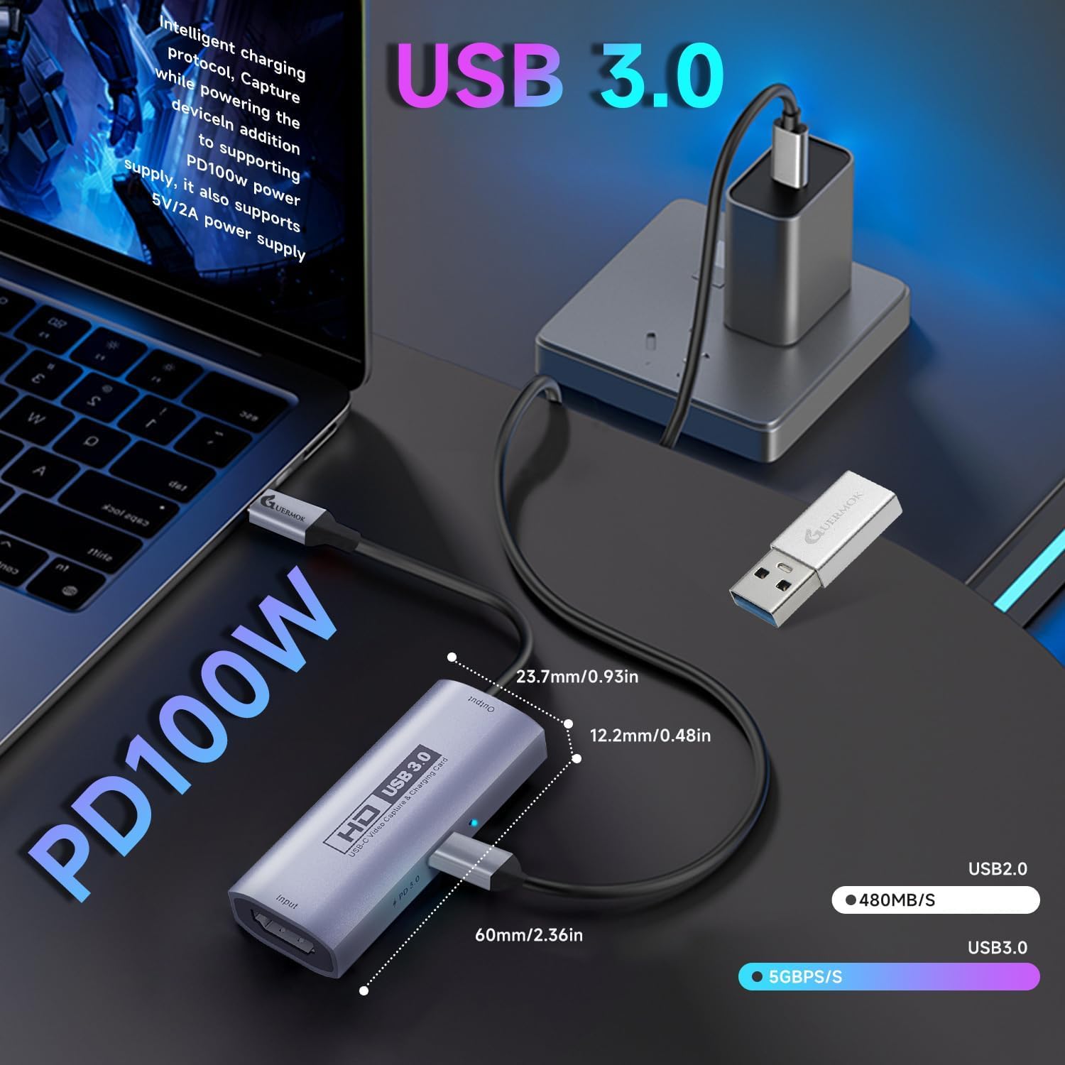 Guermok Carte de Capture vidéo USB 3.0 avec PD 100W, 1080P@60FPS HDMI vers USB-A/C, avec Adaptateur Type-C, pour Le Streaming sur Quest 3 / Pad/MacOS/Switch2/1/ PS 4/5, Argent