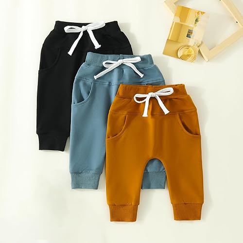 Miniatura 2 de Baby Boys 3 Pack Solid Terry Active Harem Joggers PantsToddler Casual Athletic Drawstring Bottoms Sweatpants (Blue Brown Black, 18-24 Months)