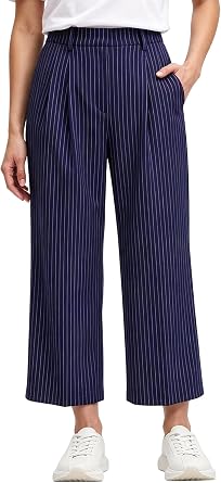 Ankle-Length Slakes for Womens Work Pants for Business Casual Outfits | Excellent High Waisted Pants with Pockets for Women Office Outfits Relaxed Pull-on Slakes in Pinstripes for Daily Casual Wear