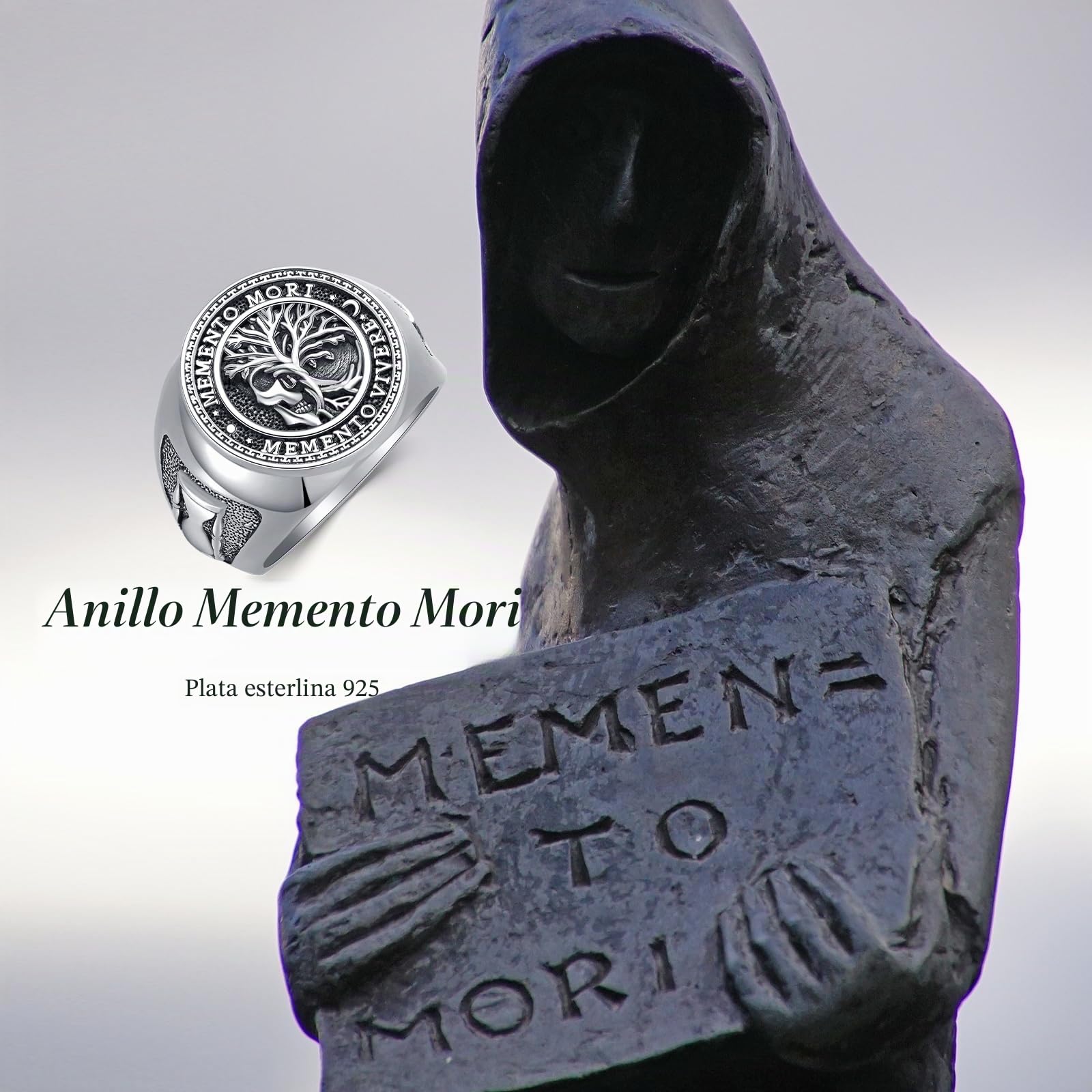 Memento Mori Anillo para hombre – Plata de Ley 925 Árbol de la Vida, calavera gótica, Memento Vivera Amuleto Joyería Regalos
