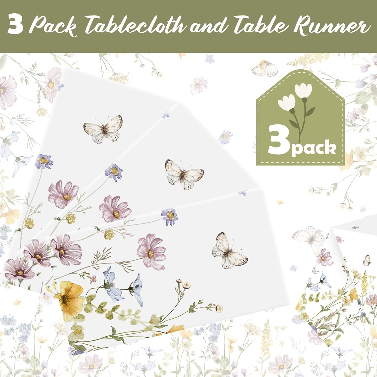 Ganeen 3 Pcs Floral Tablecloth Wildflower Butterfly Disposable Plastic Tablecloth Rectangle Table Covers for Summer Spring Holiday Weeding Birthday Tea Party Supplies and Decoration, 54 x 108 Inch