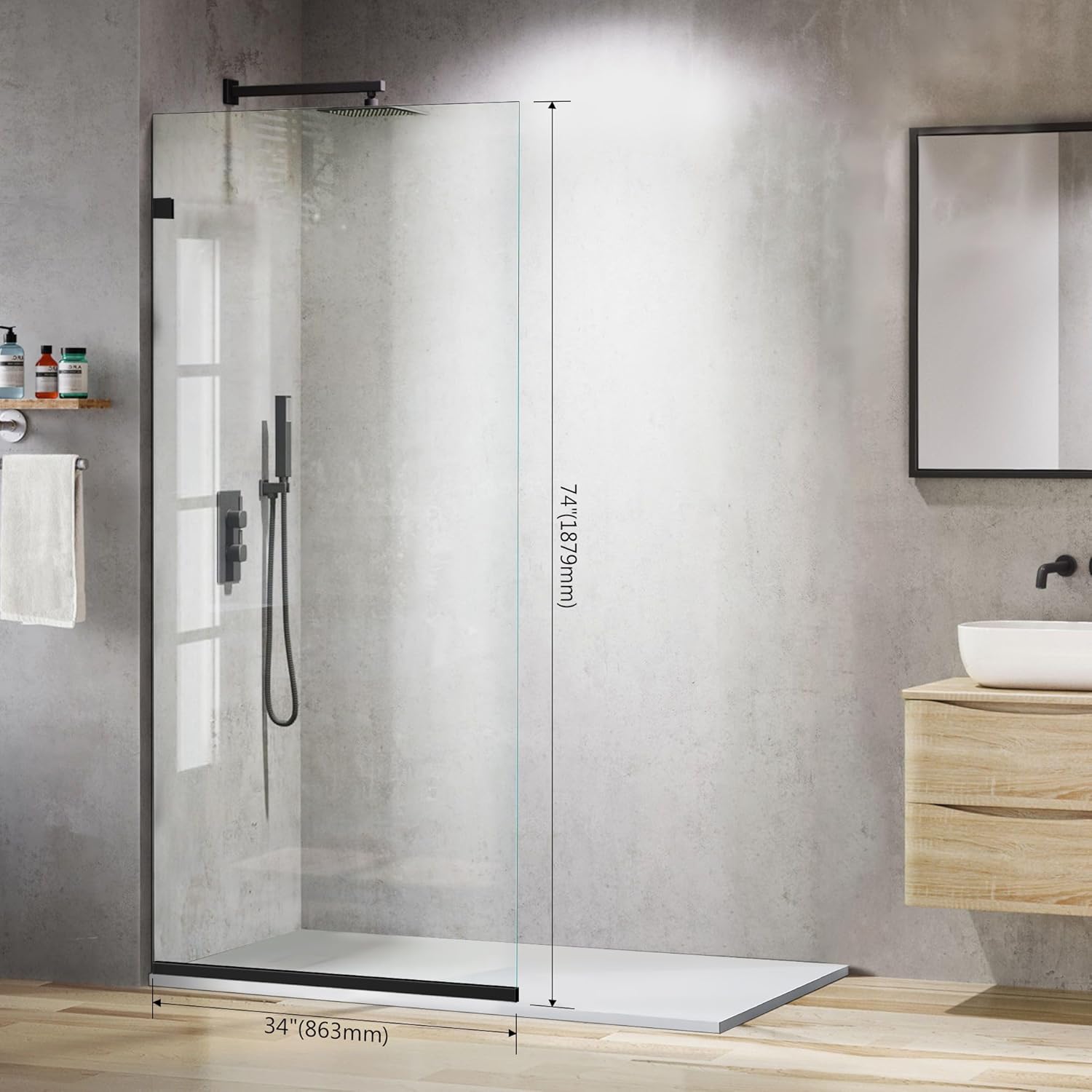 Bathroom Shower Glass Door 34 * 74" - 5/16"(8mm) Thick Clear Tempered Glass Panel, Fixed Hinged Framless Shower Door with Bottom Seal, Matte Black