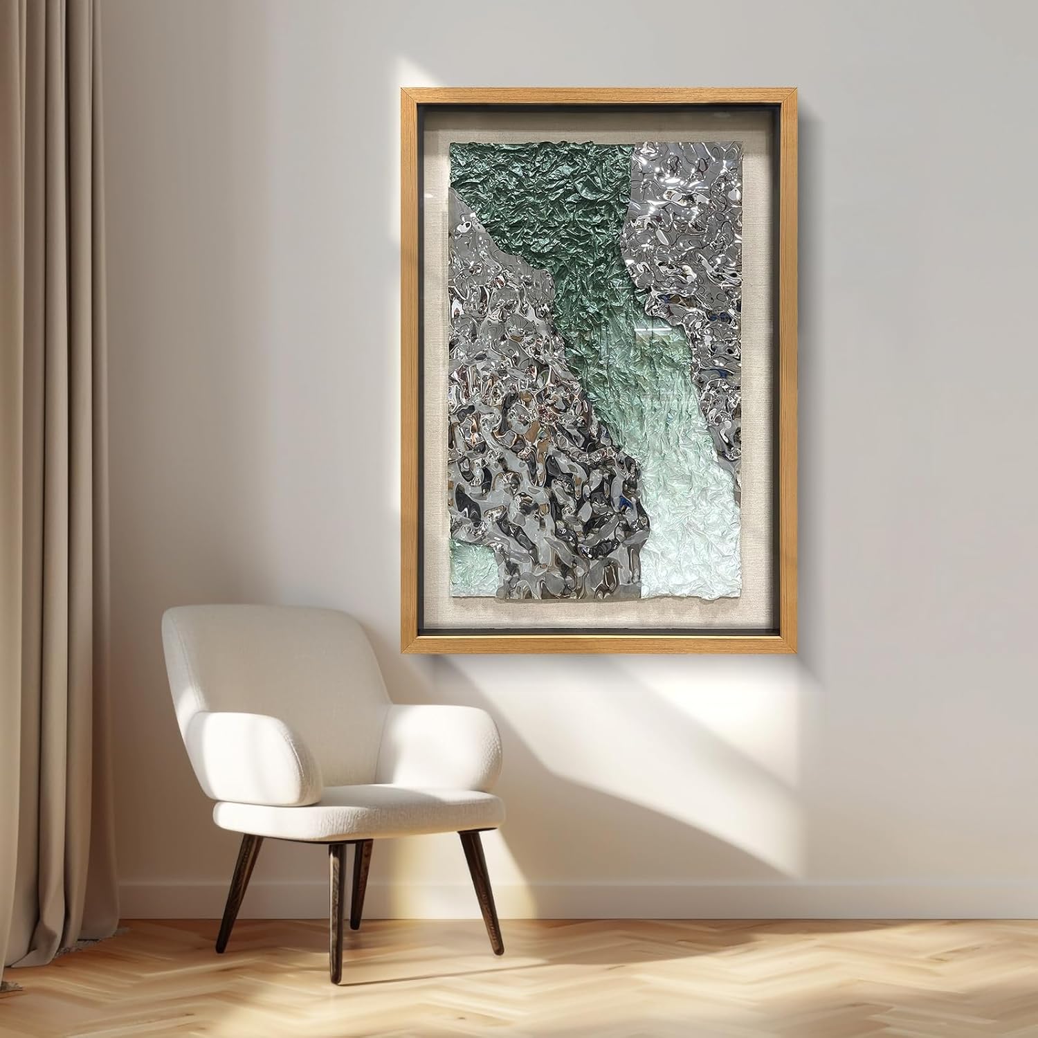 LIUZEYUE - Handmade Original Wall Art - Solid Wood Frame, Linen Hand - painted, Paper Crafts, Stainless Steel Combined Wall Hangings for Wall Decoration 27.6"x39.4"