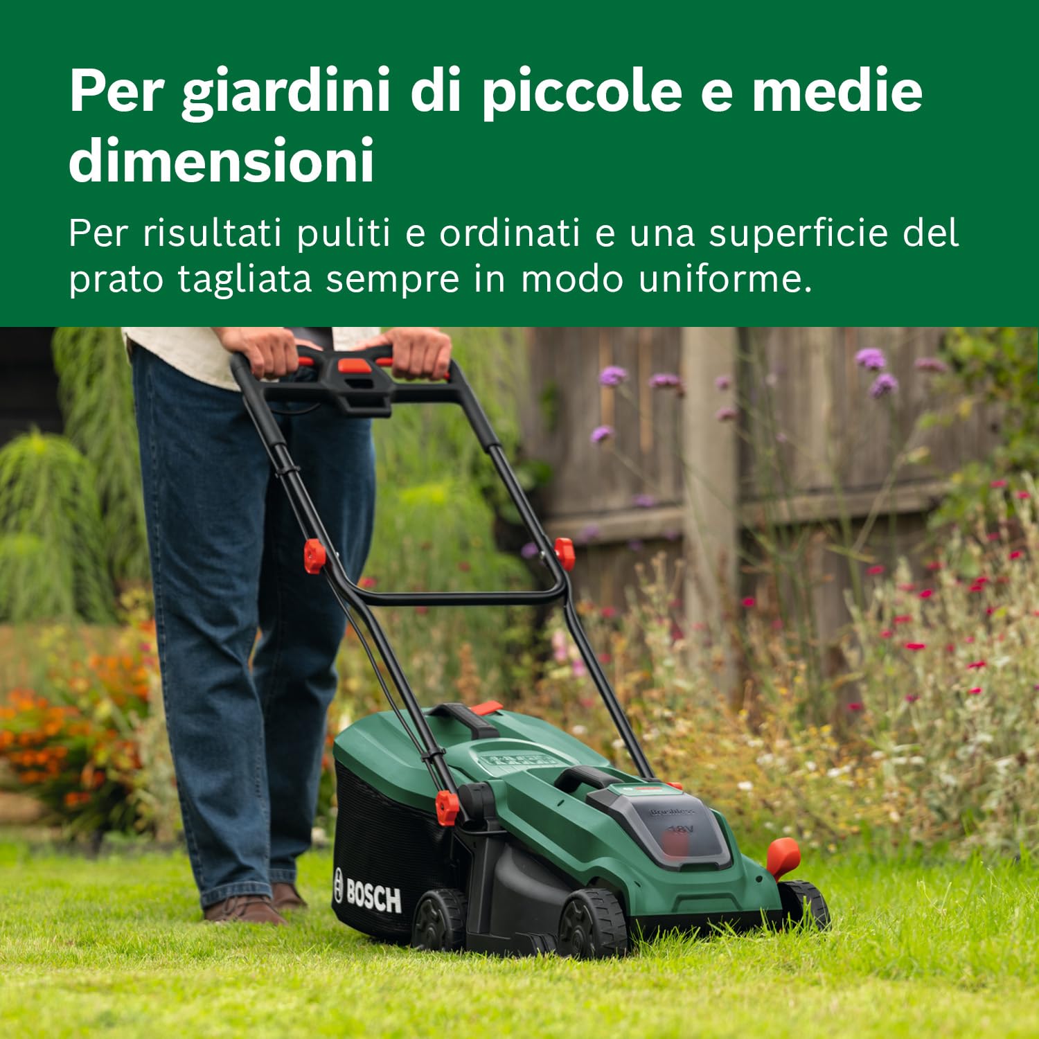 Bosch Rasaerba a batteria ROTAK18V-32 (larghezza di taglio: 32 cm, altezza di taglio: 25-65 mm, sacco raccoglierba in tessuto da 35 l, tappo per pacciame, inclusi batteria e caricabatteria)