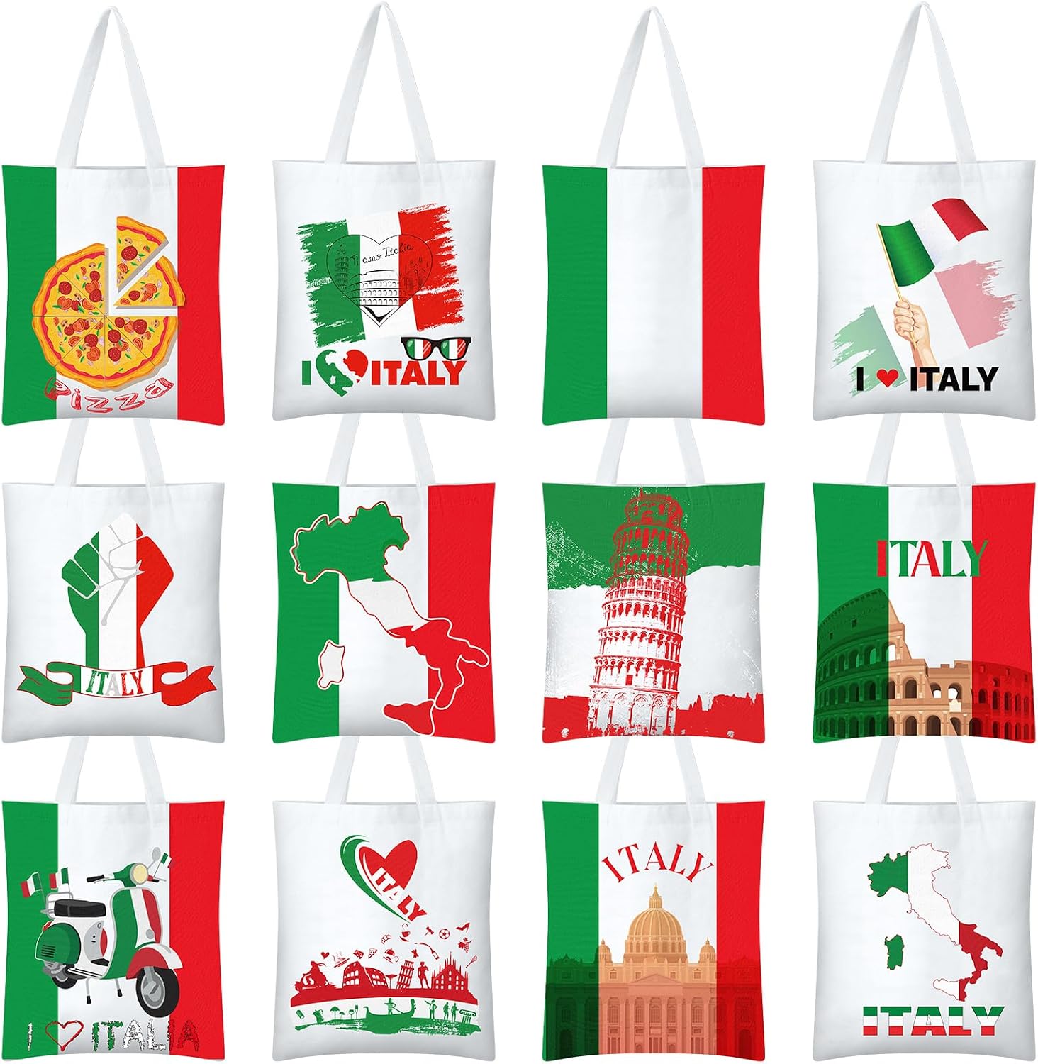 12 Pcs Italy Tote Canvas Bags Souvenir Gifts Italy Flag Red White and Green Reusable Grocery Shopping Bags City Travel Souvenirs Gifts for Italian Pizza Holiday Women