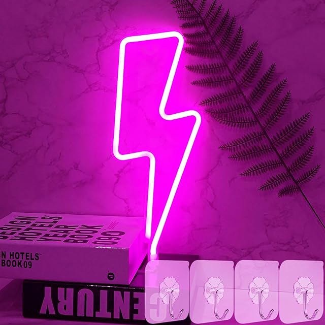 YIVIYAR Pink Lightning Bolt Neon Lights Lightning Neon Signs LED Neon Wall Lights Neon Light for Bedroom Wall Neon Night Light Battery/USB Powered Neon Lights Lightning for Home Party Bar Decor
